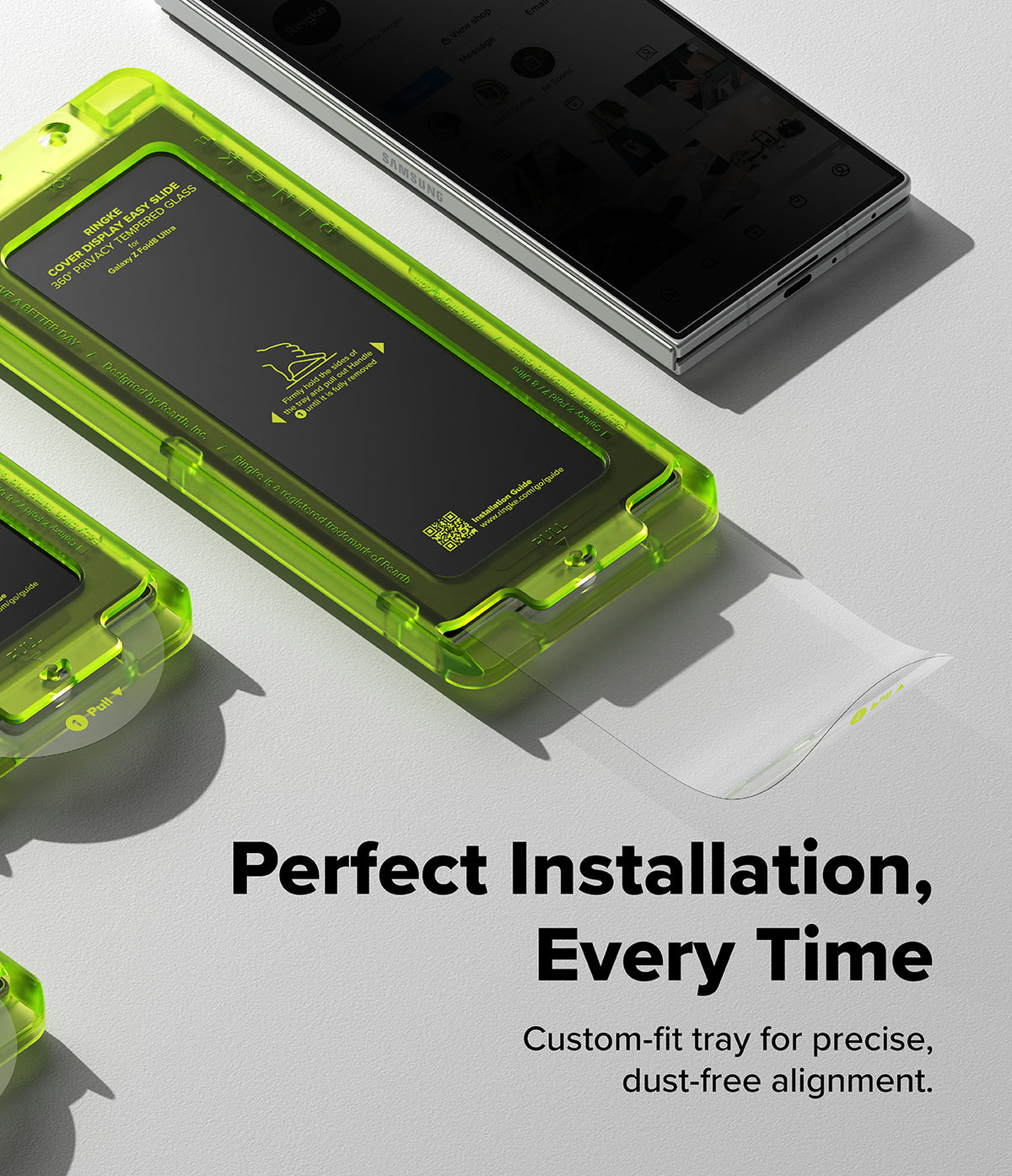 Galaxy Z Fold 8 Ultra Screen Protector | Cover Display Easy Slide 360° Privacy Tempered Glass (2 Pack) - A bright translucent green custom-fit tray holding a black smartphone, shown on a light gray background with additional partial trays and a sheet of clear material. Large text reads 'Perfect Installation, Every Time' with smaller descriptive copy below.