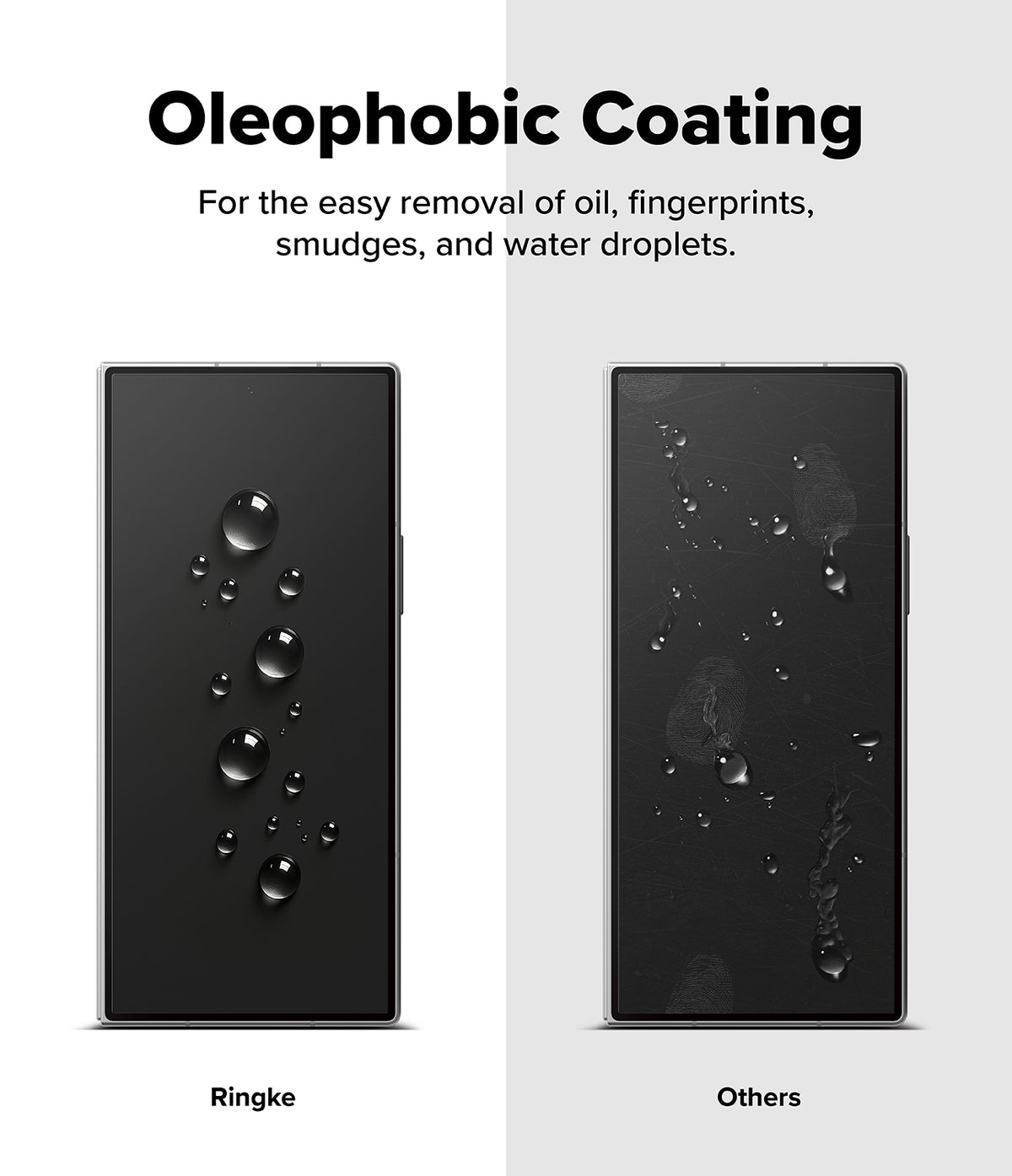 Galaxy Z Fold 8 Ultra Screen Protector | Cover Display Easy Slide Privacy Tempered Glass (2 Pack) - A promotional comparison graphic for oleophobic coating on a smartphone screen. The left side shows a black phone screen with water droplets and oil-like smudges, labeled 'Ringke'; the right side shows a similar black screen with fewer visible marks, labeled 'Others'.