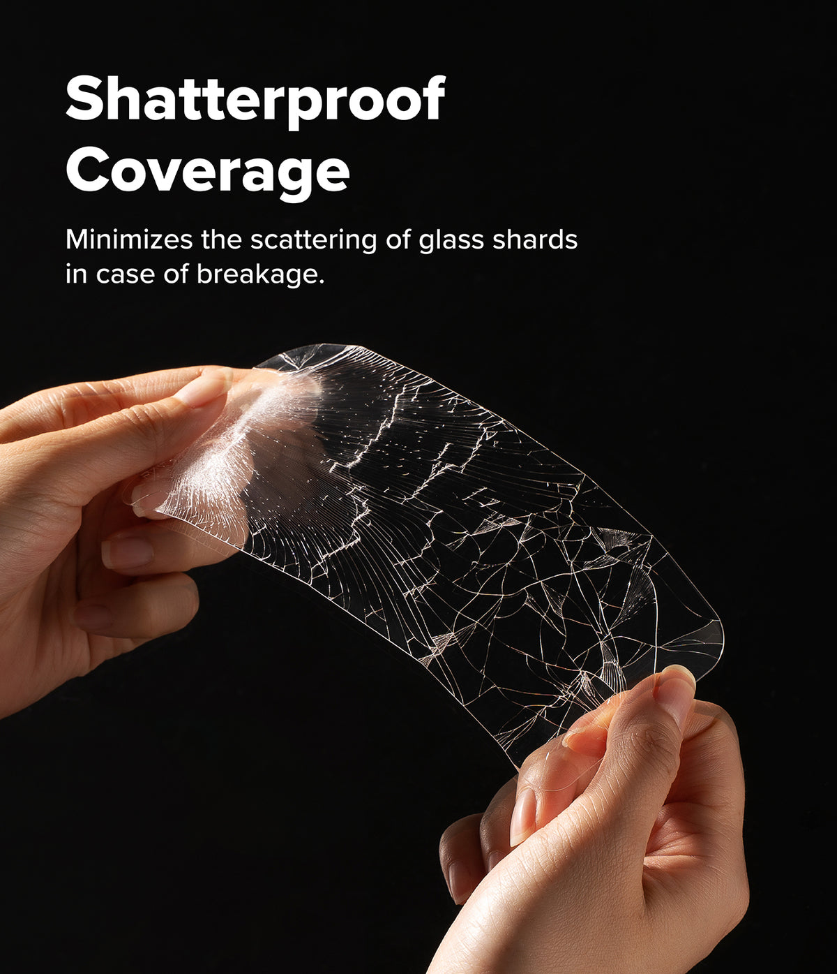 Galaxy Z Fold 8 Ultra Screen Protector | Cover Display Easy Slide Privacy Tempered Glass (2 Pack) - Hands holding a transparent, shatterproof crack-resistant film over a black background, with white text reading 'Shatterproof Coverage' and 'Minimizes the scattering of glass shards in case of breakage.'.