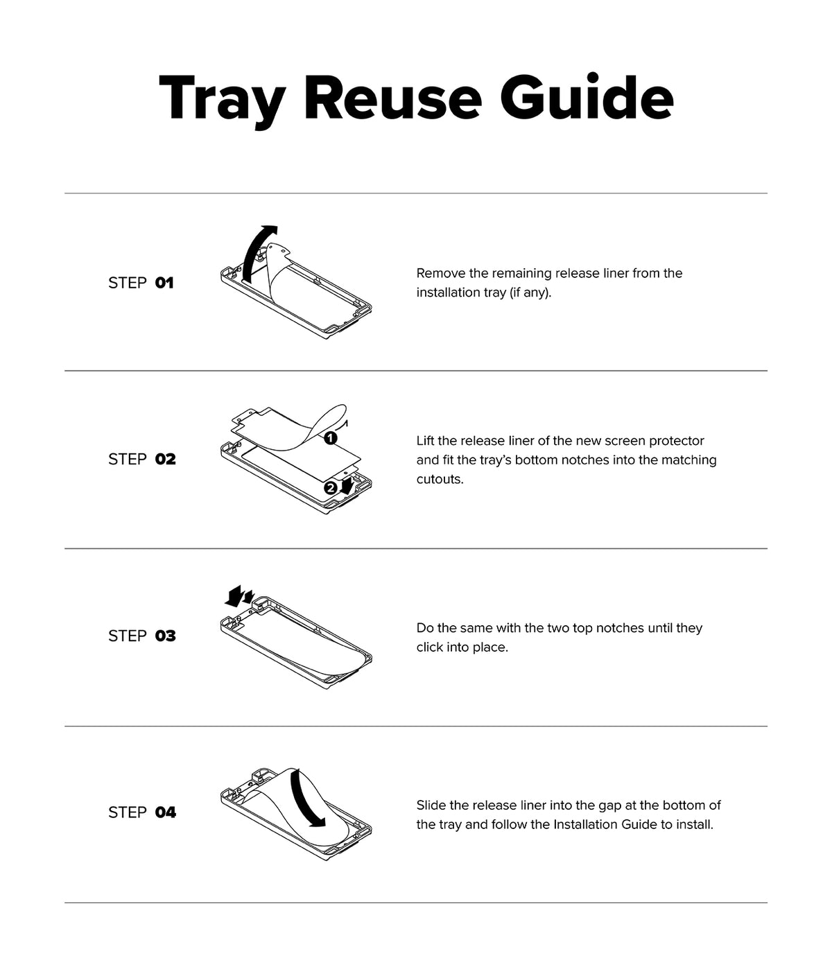 Galaxy Z Fold 8 Ultra Screen Protector | Cover Display Easy Slide Privacy Tempered Glass (2 Pack) - A Tray Reuse Guide diagram showing four numbered steps with line drawings and short instructions for removing and reinstalling a release liner from a tray.