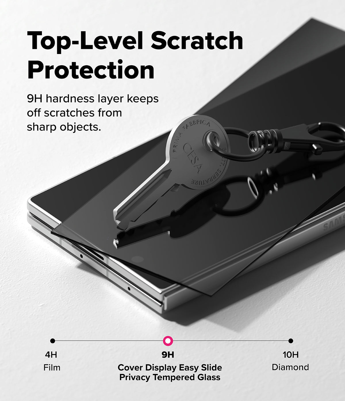 Galaxy Z Fold 8 Ultra Screen Protector | Cover Display Easy Slide Privacy Tempered Glass (2 Pack) - A smartphone with a dark tempered glass screen protector and a metal key resting on top, shown on a light gray background with marketing text about 9H scratch protection and a hardness scale from 4H to 10H.