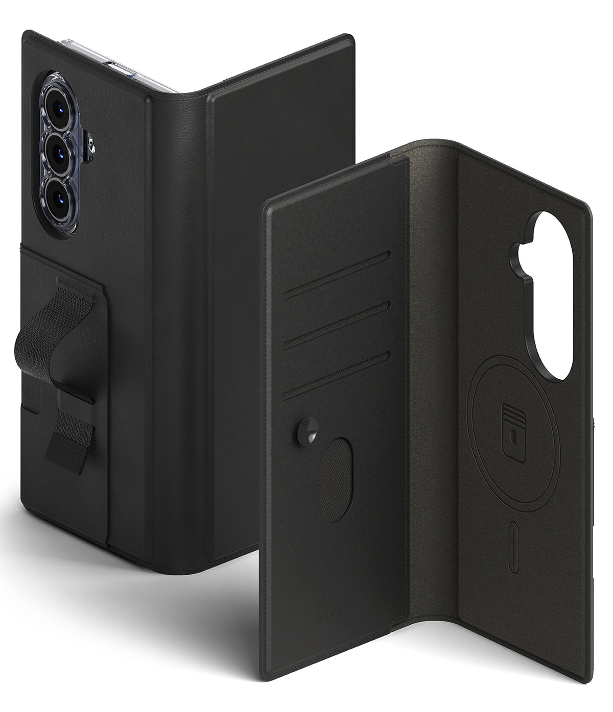 Galaxy Z Fold 8 Ultra MagSafe Wallet | Folio Grip Wallet Magnetic - Black folio-style phone case shown open and closed, with a card slot, and interior pocket, photographed on a clean white background.