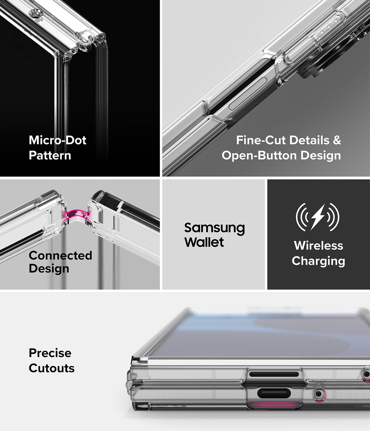 Galaxy Z Fold 8 Ultra Case | Fusion - Clear phone case showing micro-dot pattern, Fine-Cut Details & Open-Button Design, Connected Design, Samsung Wallet, Wireless Charging, and precise port cutouts.