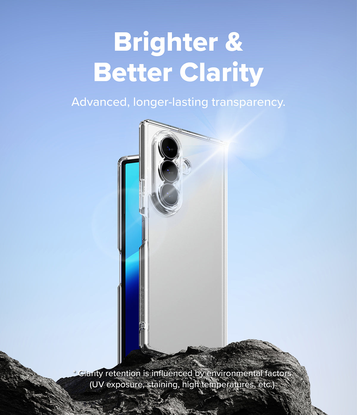 Galaxy Z Fold 8 Ultra Case | Fusion - Clear phone case on a rock against a blue sky with text highlighting long-lasting transparency.