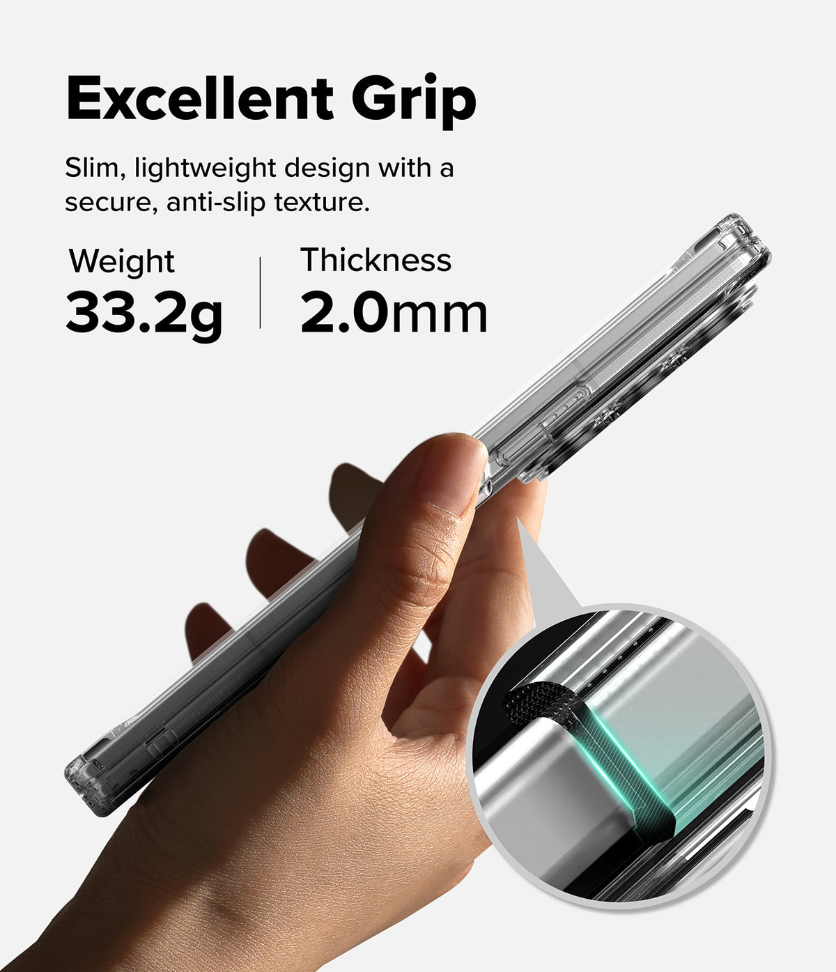 Galaxy Z Fold 8 Ultra Case | Fusion - Hand holding a slim, clear phone case with a textured grip, highlighting 33.2g weight and 2.0mm thickness.