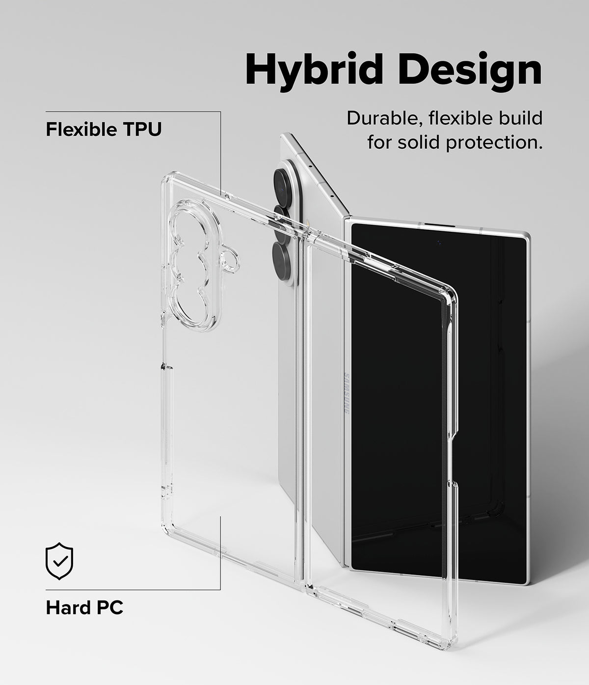 Galaxy Z Fold 8 Ultra Case | Fusion - Clear phone case showing flexible TPU and hard PC layers with hybrid design text.
