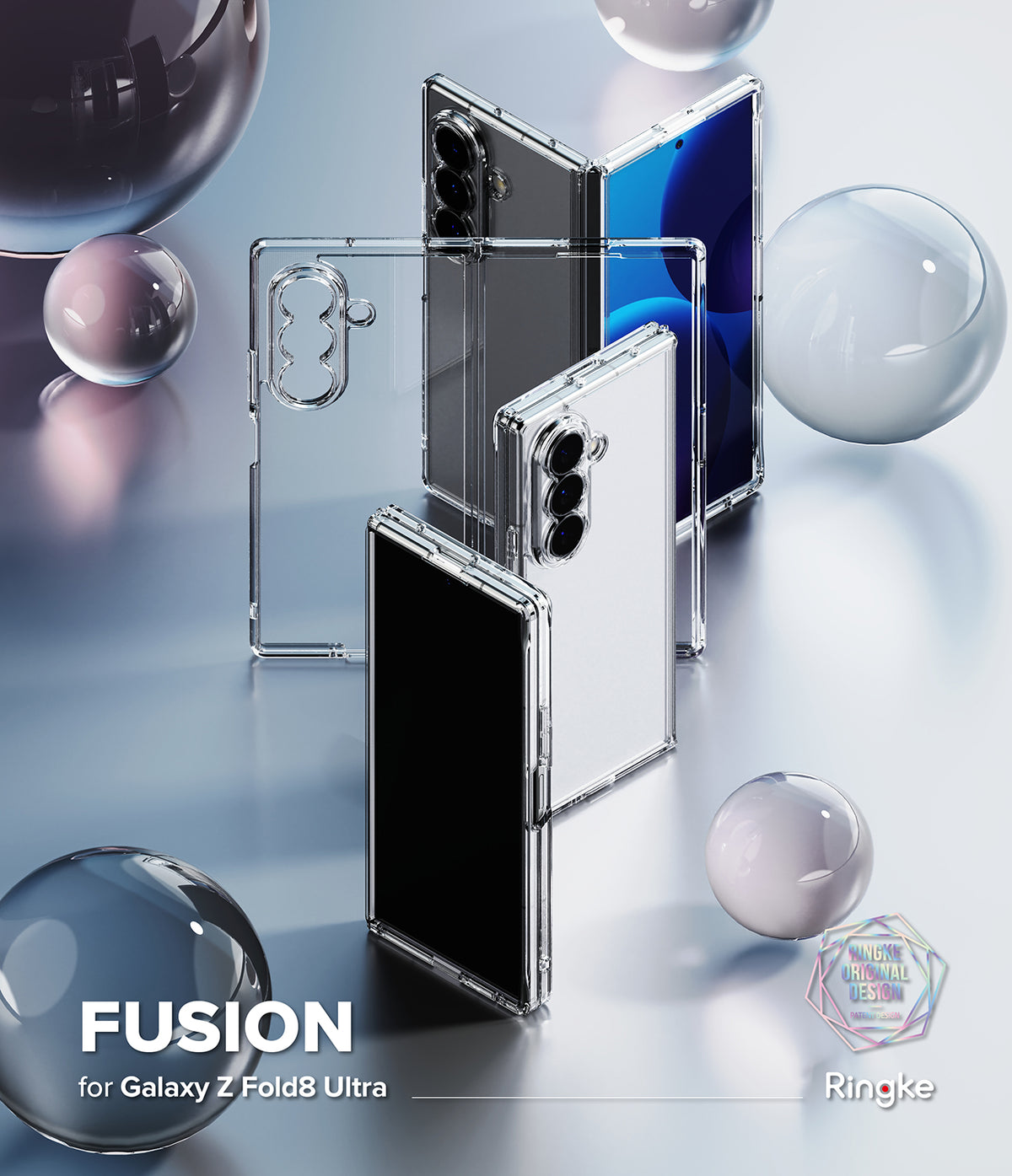Galaxy Z Fold 8 Ultra Case | Fusion - Clear phone cases displayed with glass spheres on a reflective blue surface.