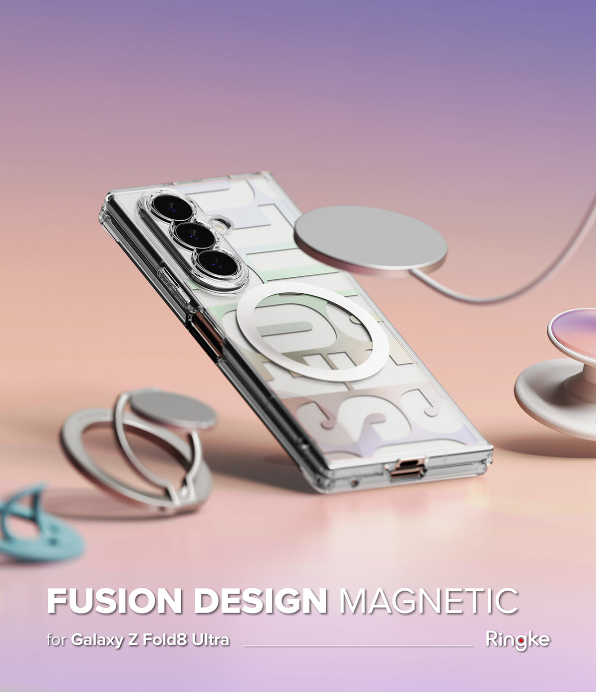 Galaxy Z Fold 8 Ultra Case | Fusion Design Magnetic - A clear magnetic phone case with a silver metallic circular ring and geometric design, shown floating on a pink-to-purple gradient background with floating magnetic accessories and text reading 'FUSION DESIGN MAGNETIC for Galaxy Z Fold8 Ultra Ringke'.