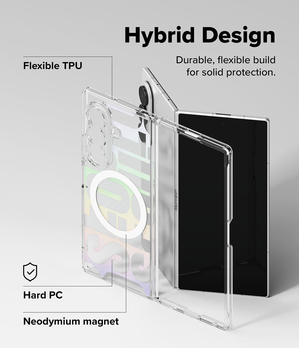 Galaxy Z Fold 8 Ultra Case | Fusion Design Magnetic - Transparent hybrid phone case shown open and closed on a light gray background, with text callouts reading 'Hybrid Design,' 'Flexible TPU,' 'Hard PC,' and 'Neodymium magnet.'.