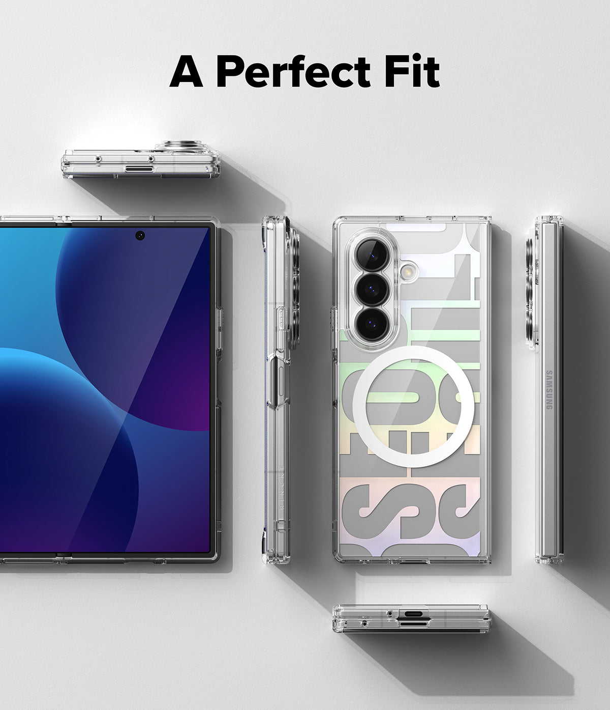 Galaxy Z Fold 8 Ultra Case | Fusion Design Magnetic - A clear protective phone case shown in multiple angles with a smartphone inside, on a light gray background with the text 'A Perfect Fit' at the top.