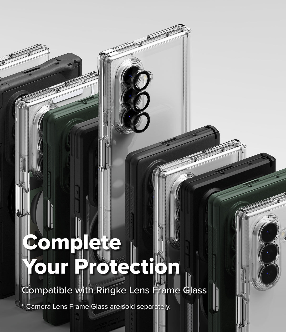 Galaxy Z Fold 8 Ultra Case | Fusion Design Magnetic - A promotional product shot showing multiple smartphone cases arranged in a fan-like layout on a light gray background. The cases appear transparent, black, and dark green, with large camera cutouts visible on the phone backs.