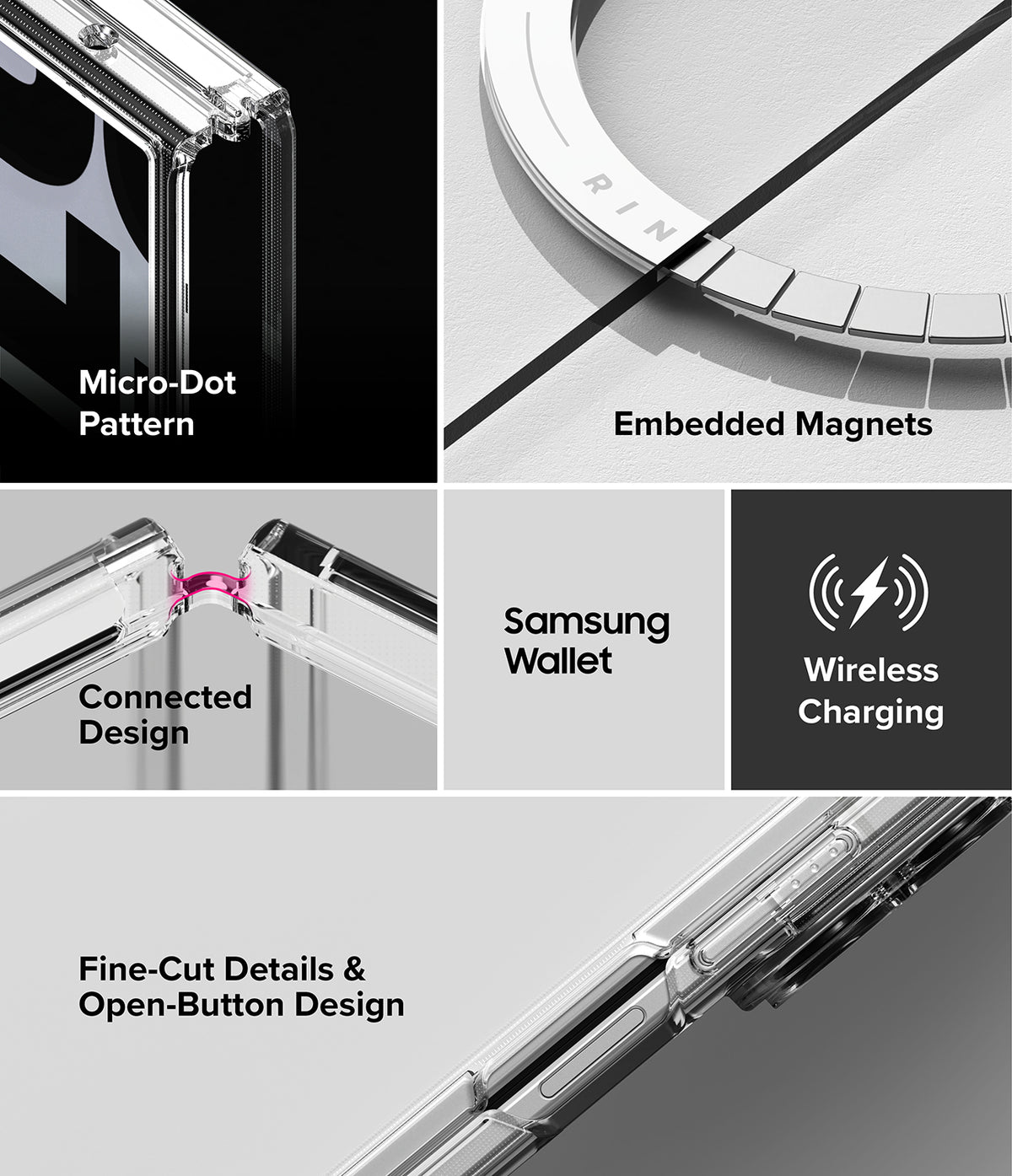 Galaxy Z Fold 8 Ultra Case | Fusion Design Magnetic - A multi-panel feature showcase of a clear protective phone case with silver metallic accents. The panels highlight key features including a 'Micro-Dot Pattern' on a black background, 'Embedded Magnets' with a silver ring, 'Connected Design' with a pink accent ring, 'Samsung Wallet' compatibility, 'Wireless Charging' with a lightning icon, and 'Fine-Cut Details & Open-Button Design' on a diagonal.