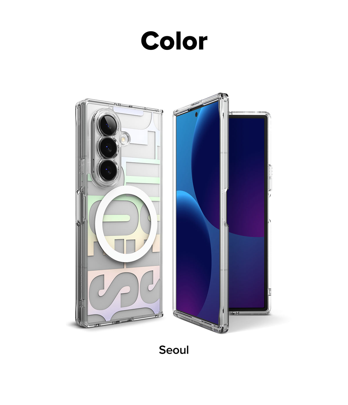 Galaxy Z Fold 8 Ultra Case | Fusion Design Magnetic - A clear phone case with large stylized 'SEOUL' lettering in pastel shades of green, pink, and gray, shown on a smartphone. The image is labeled 'Color' at the top and 'Seoul' at the bottom, set against a plain white background.