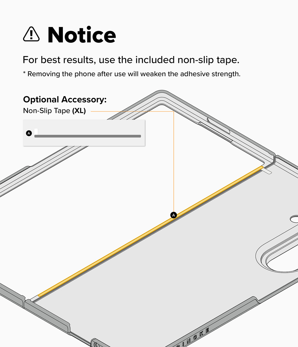 Galaxy Z Fold 8 Ultra Case | Fusion Design Magnetic - Instruction graphic showing a phone case with a highlighted non-slip tape strip and text noting that the included non-slip tape should be used for best results, plus an inset showing the optional non-slip tape size.