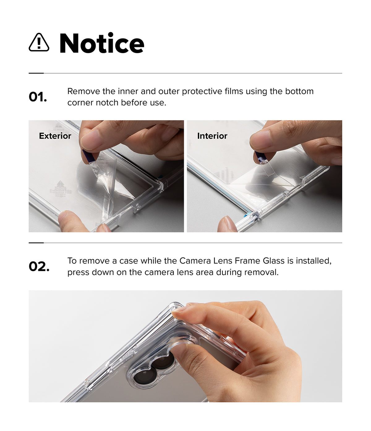 Galaxy Z Fold 8 Ultra Case | Fusion Design Magnetic - Instruction notice sheet showing how to remove protective films and camera lens frame glass from a clear phone case, with step-by-step text and three small photos of hands performing the steps.