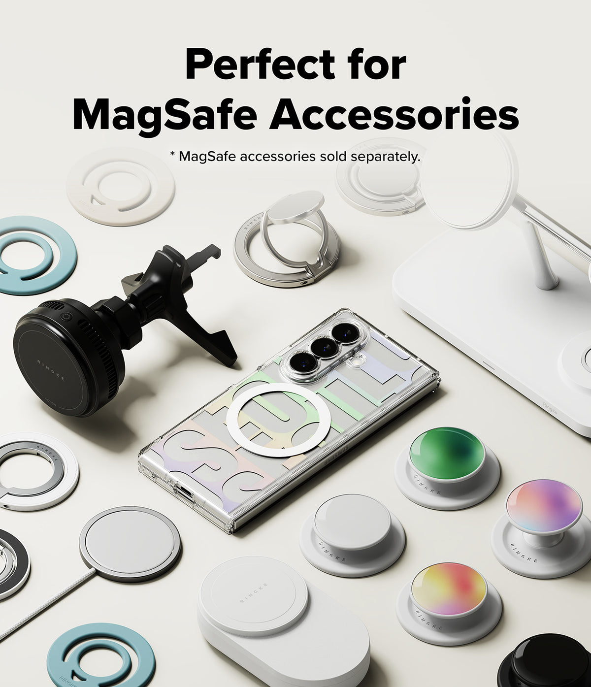 Galaxy Z Fold 8 Ultra Case | Fusion Design Magnetic - A promotional flat lay showing MagSafe-compatible phone accessories arranged on a light background, including a phone case with a circular ring, a black air vent mount, several white ring clips, a white stand, and multiple pop-snap grips in white, black, green, and iridescent colors. Text at the top reads, 'Perfect for MagSafe Accessories' with smaller text noting MagSafe accessories are sold separately.