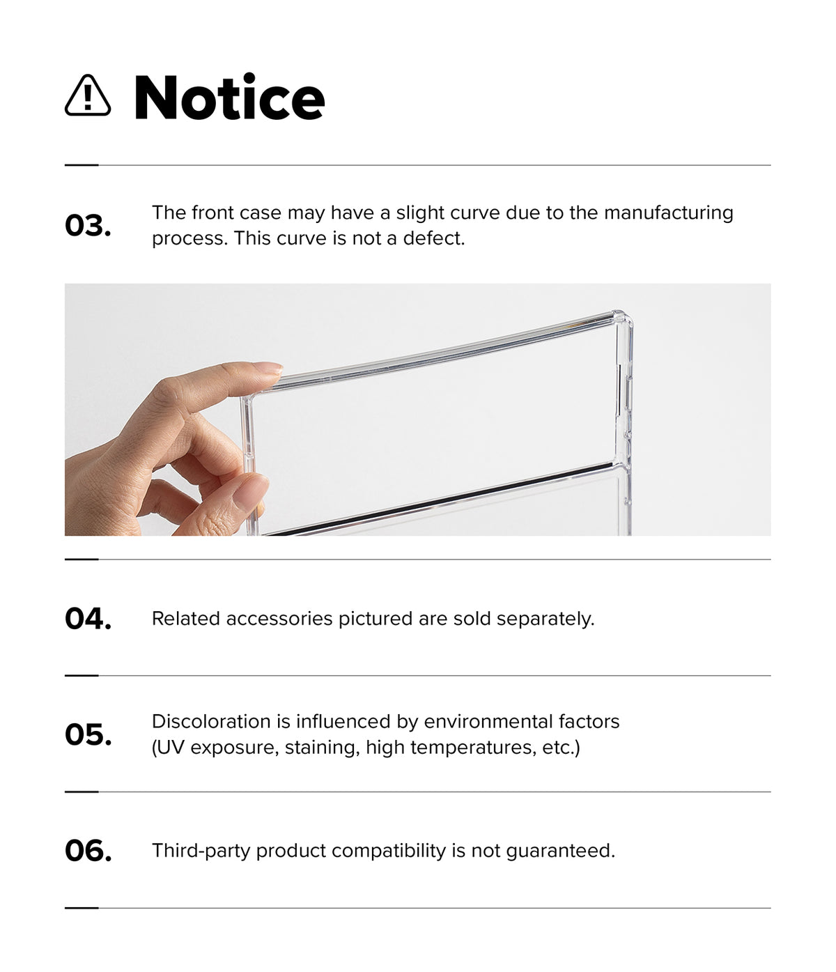 Galaxy Z Fold 8 Ultra Case | Fusion Design Magnetic - A white notice sheet with black text and a small inset photo showing a hand holding a clear rectangular panel. The notice lists six points, including that the front case may have slight curvature from manufacturing and that related accessories are sold separately.