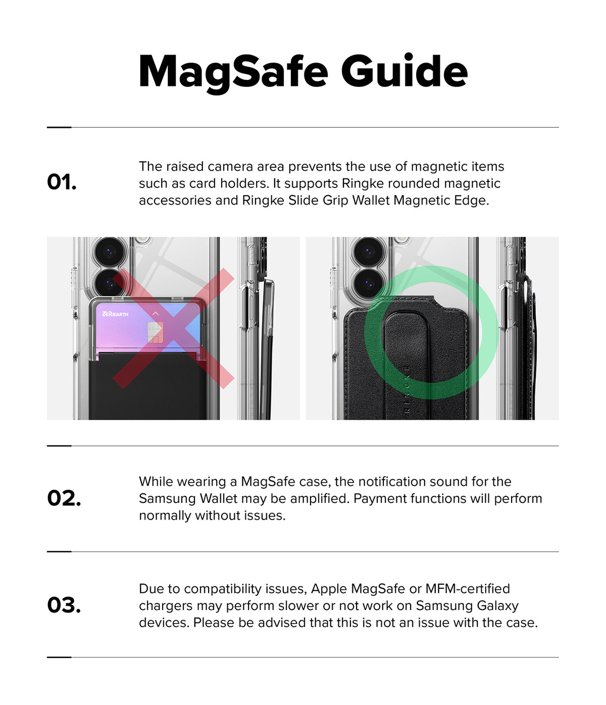 Galaxy Z Fold 8 Ultra Case | Fusion Design Magnetic - A product information sheet titled 'MagSafe Guide' with three numbered points explaining compatibility and magnetic behavior. The center panel shows a smartphone case with a magnetic ring accessory attached, plus a green circle highlighting the magnetic edge area.