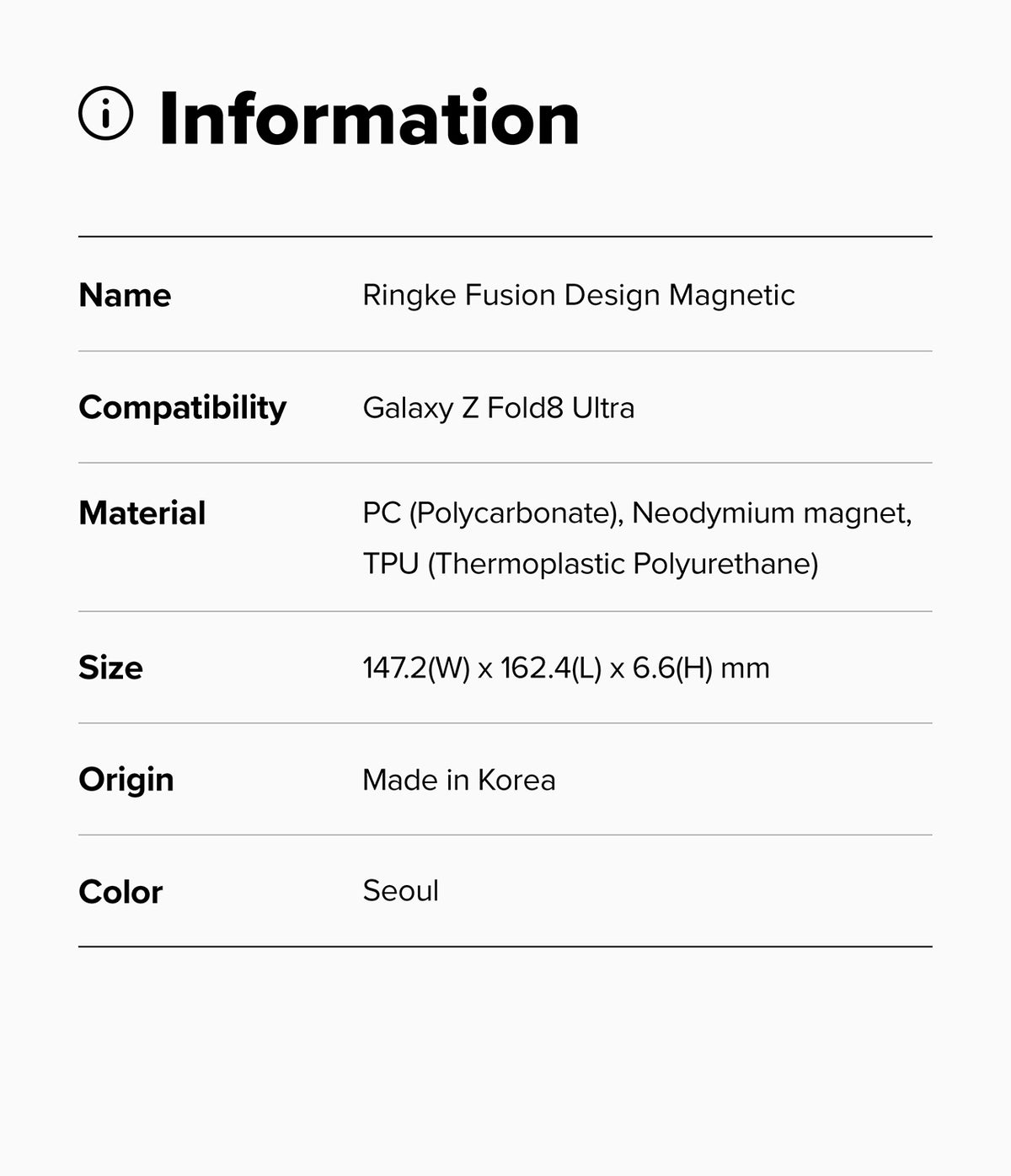 Galaxy Z Fold 8 Ultra Case | Fusion Design Magnetic - An information card with a light gray background and black text listing details for a Ringke Fusion Flap Magnetic compatible with Galaxy Z Fold8 Ultra, including material, size, and color.