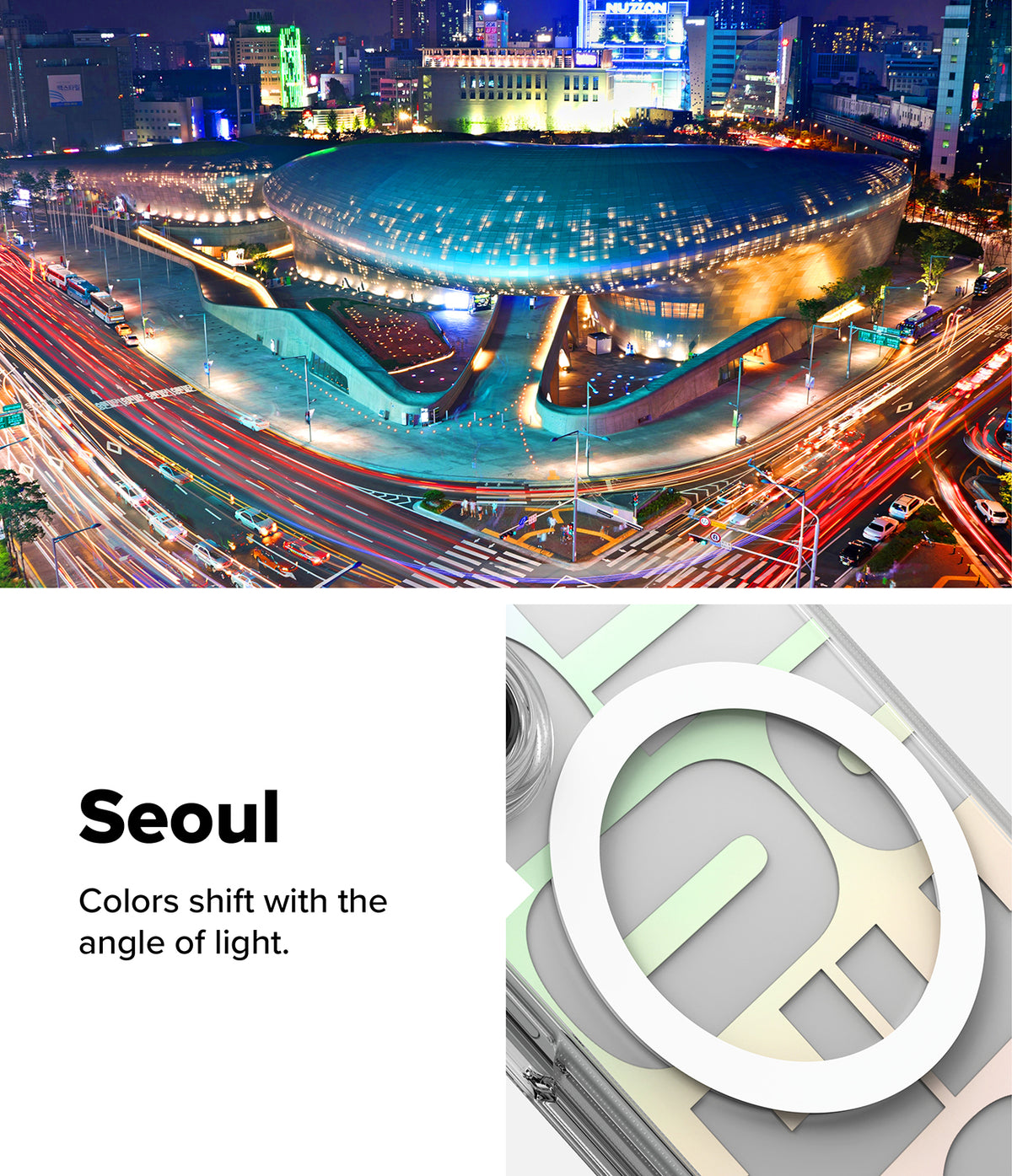 Galaxy Z Fold 8 Ultra Case | Fusion Design Magnetic - A phone case shown on a split graphic background. The top half shows a nighttime Seoul cityscape with a brightly lit stadium and light trails from roads below.