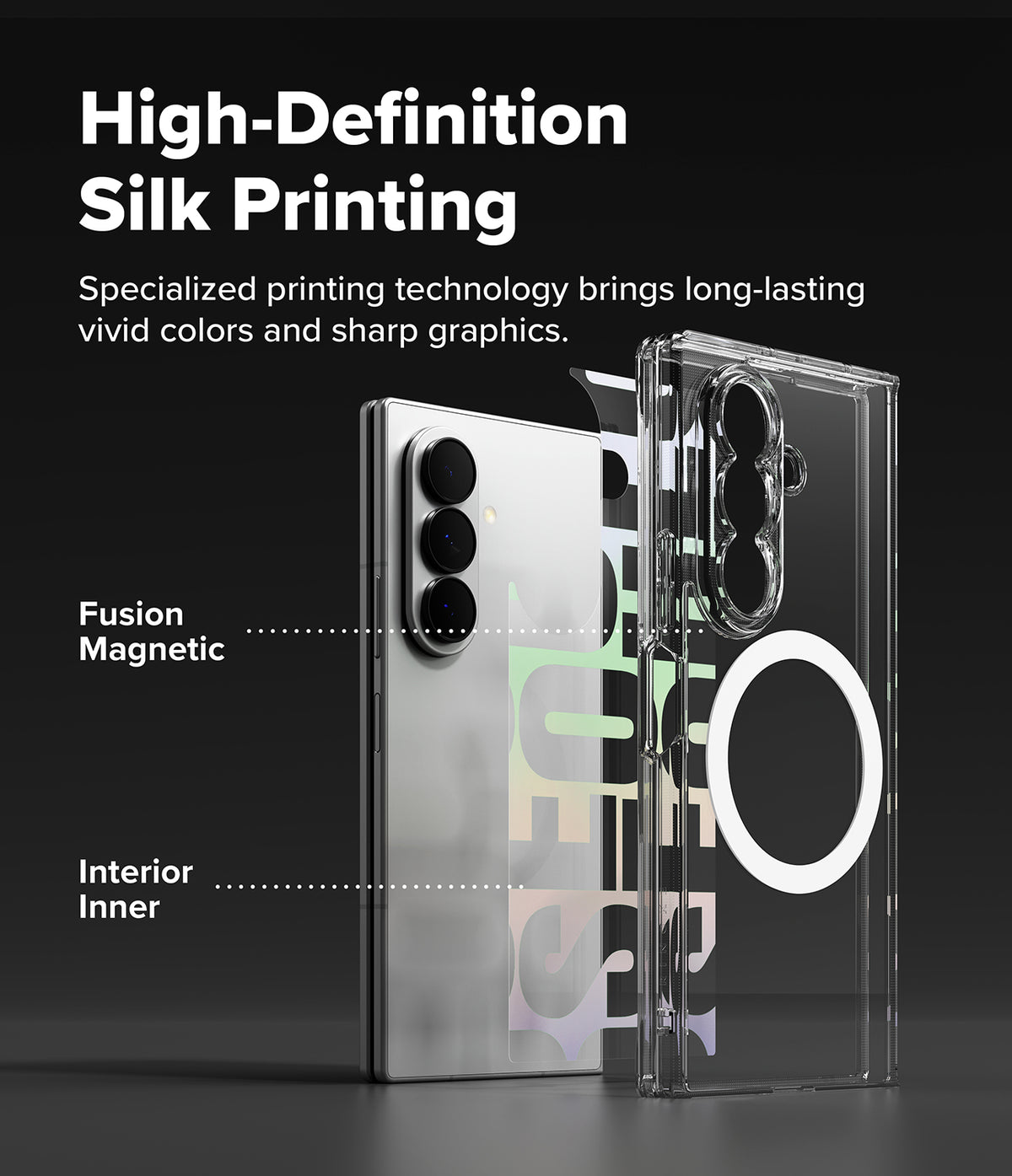 Galaxy Z Fold 8 Ultra Case | Fusion Design Magnetic - A clear phone case shown beside a silver smartphone on a dark background, with marketing text reading 'High-Definition Silk Printing' and callouts for 'Fusion Magnetic' and 'Interior Inner'. The image is a promotional product graphic rather than a plain studio product shot.