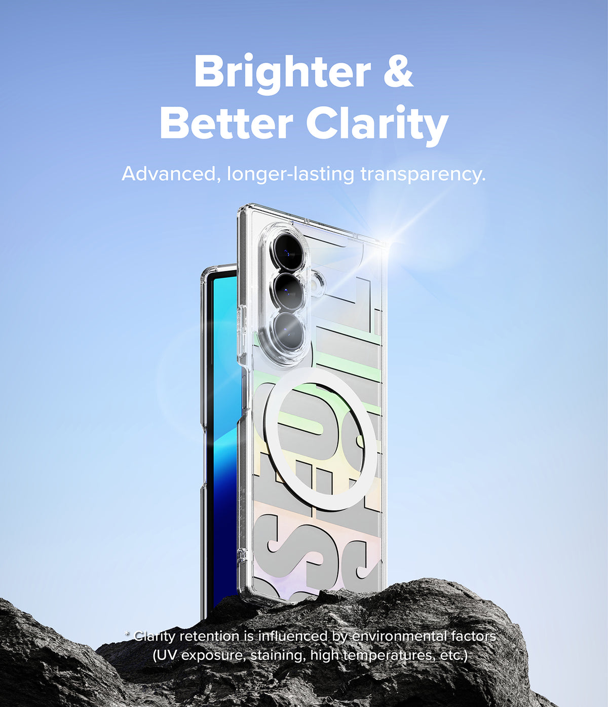 Galaxy Z Fold 8 Ultra Case | Fusion Design Magnetic - A transparent phone case with large stylized lettering stands upright on dark rocks against a blue sky background. White marketing text at the top reads 'Brighter & Better Clarity' with smaller copy about transparency.