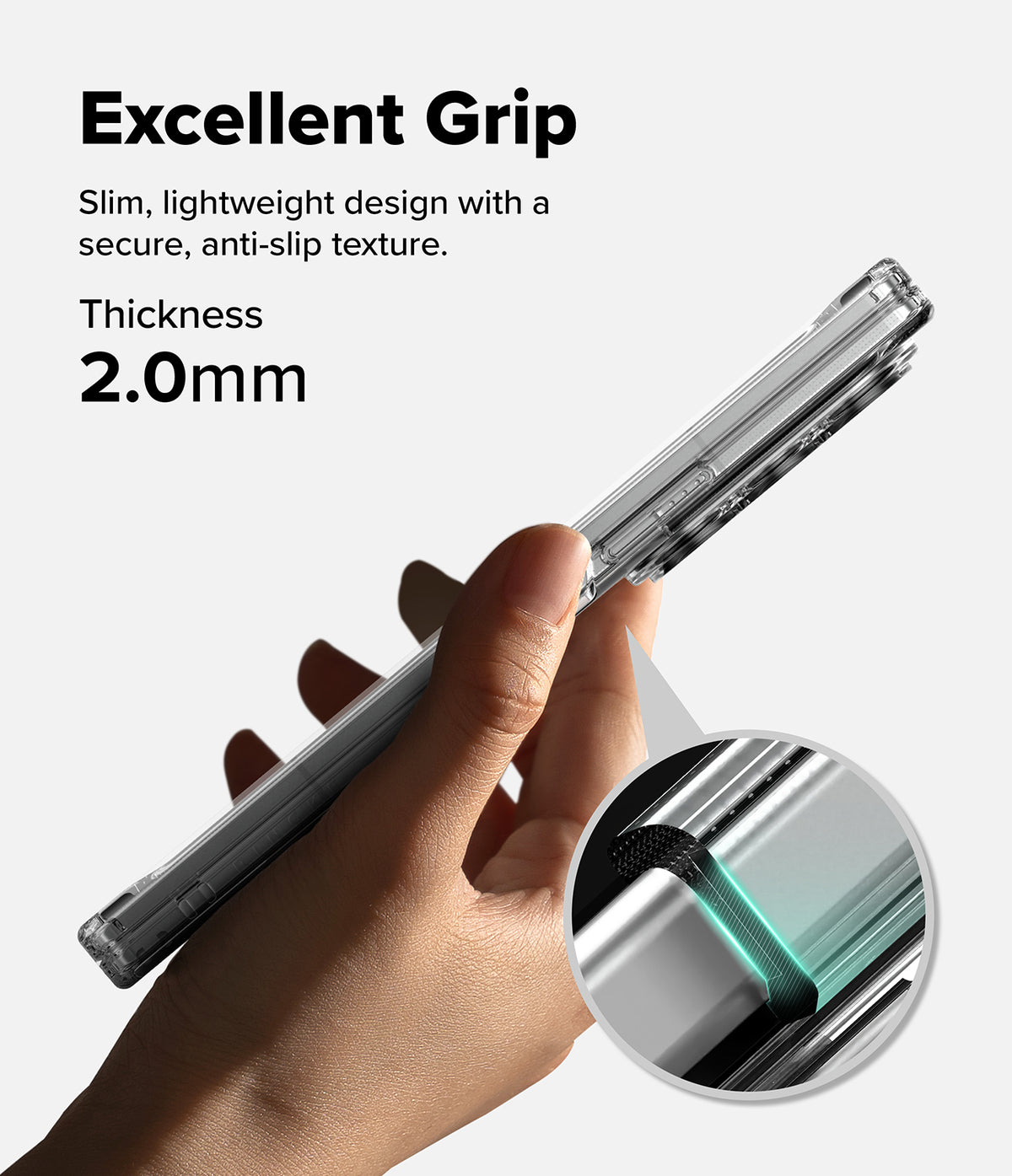 Galaxy Z Fold 8 Ultra Case | Fusion Design Magnetic - A hand holds a slim transparent phone case with text reading 'Excellent Grip' and 'Thickness 2.0mm', plus a circular inset showing the grip texture detail.