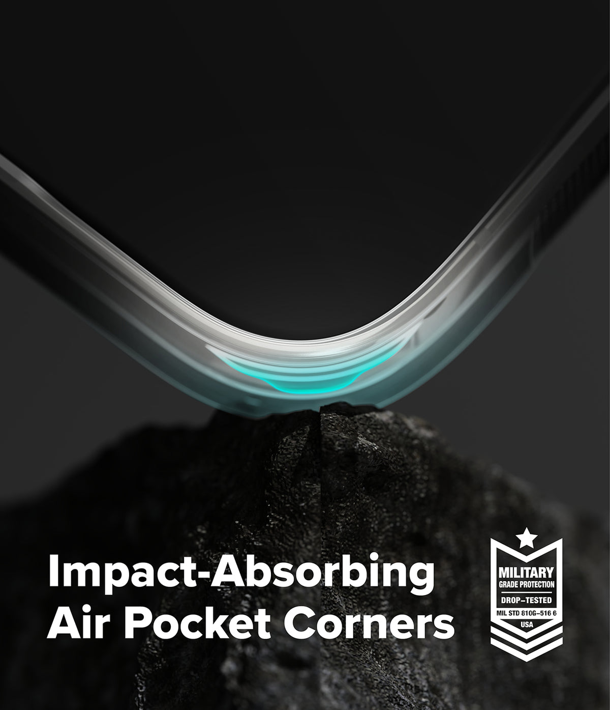 Galaxy Z Fold 8 Ultra Case | Fusion Design Magnetic - A close-up promotional graphic showing the curved corner of a smartphone resting on a dark textured surface, with a glowing translucent air pocket effect inside the bend. Large white text reads 'Impact-Absorbing Air Pocket Corners,' and a white 'Military Air Force Materials' badge appears in the lower right.