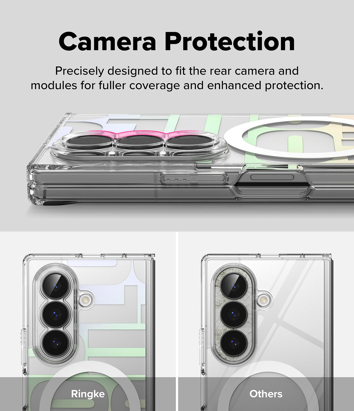 Galaxy Z Fold 8 Ultra Case | Fusion Design Magnetic - A clear phone case with a circular magnetic ring and geometric light green and white graphic accents, shown with text reading 'Camera Protection' and comparison views labeled 'Ringke' and 'Others'.
