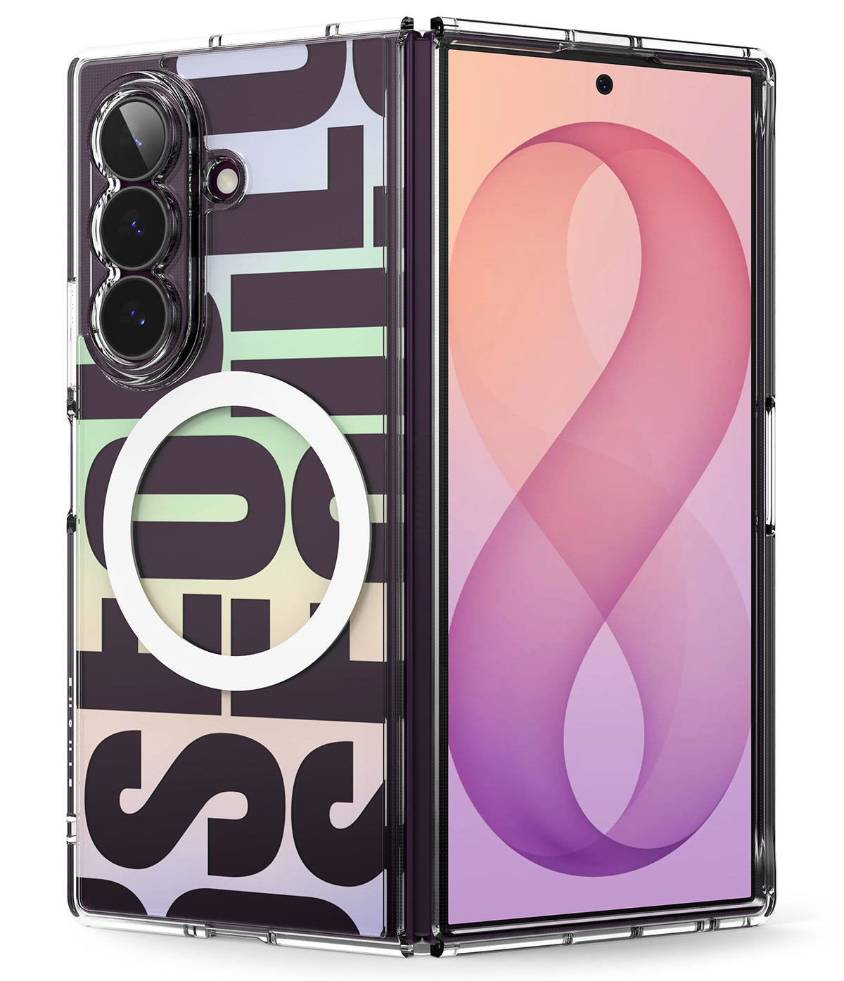 Galaxy Z Fold 8 Ultra Case | Fusion Design Magnetic - A clear protective phone case with a bold graphic design featuring black typography and a white circular magnetic ring, shown on a smartphone with its screen on.