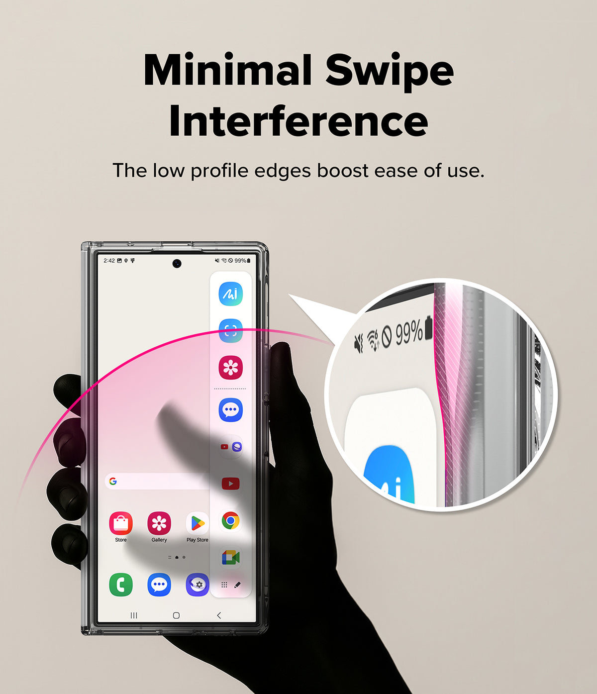 Galaxy Z Fold 8 Ultra Case | Fusion Flap - A hand holds a smartphone showing a clear, low-profile protective bumper edge. The image includes text reading 'Minimal Swipe Interference' and a circular inset highlighting the slim pink edge of the bumper against the phone frame.