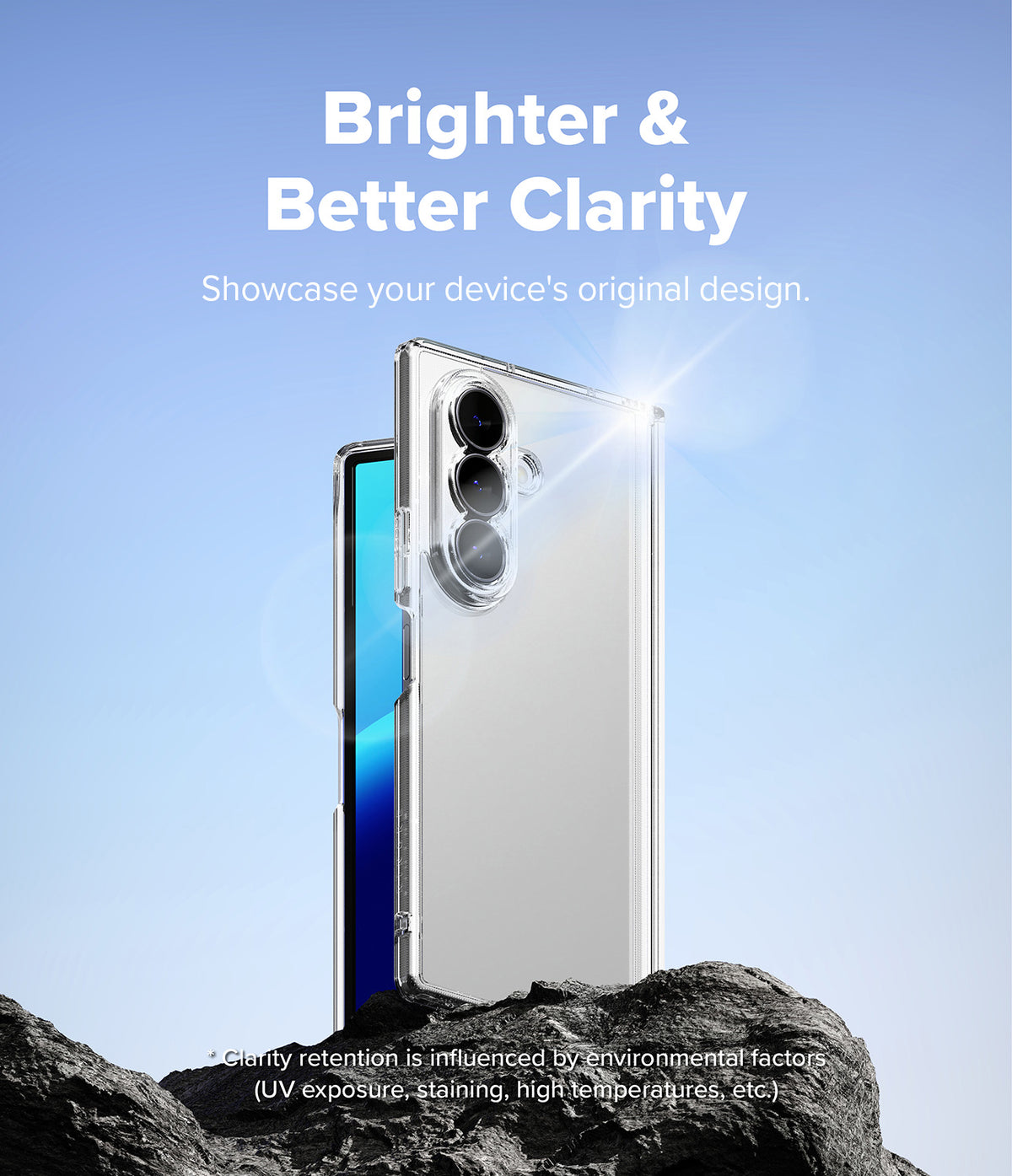 Galaxy Z Fold 8 Ultra Case | Fusion Flap - A transparent protective phone case shown on a smartphone, with marketing text reading 'Brighter & Better Clarity' against a blue sky background and dark rocks at the bottom.