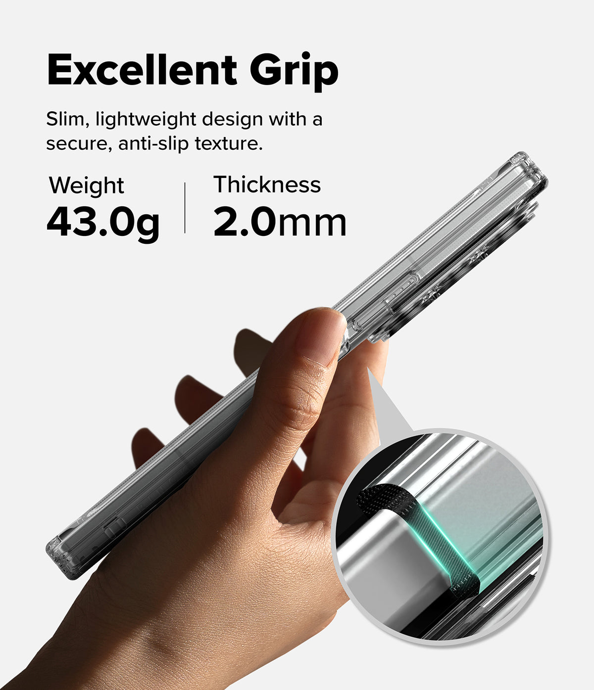Galaxy Z Fold 8 Ultra Case | Fusion Flap - A hand holds a slim transparent phone case with a metallic silver inner frame, shown with marketing text reading 'Excellent Grip' and 'Weight 43.0g | Thickness 2.