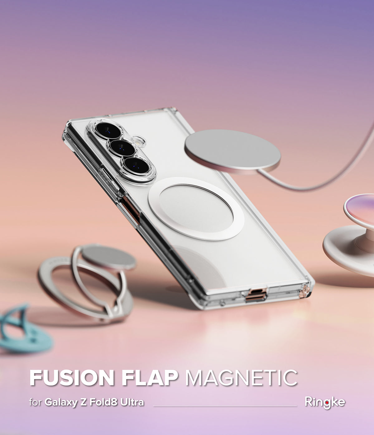 Galaxy Z Fold 8 Ultra Case | Fusion Flap Magnetic - A clear magnetic phone case with a silver metallic ring stand, shown on a smartphone. The case features a circular magnetic ring and a hinged flap, displayed with matching magnetic rings on a pastel pink and purple gradient background.