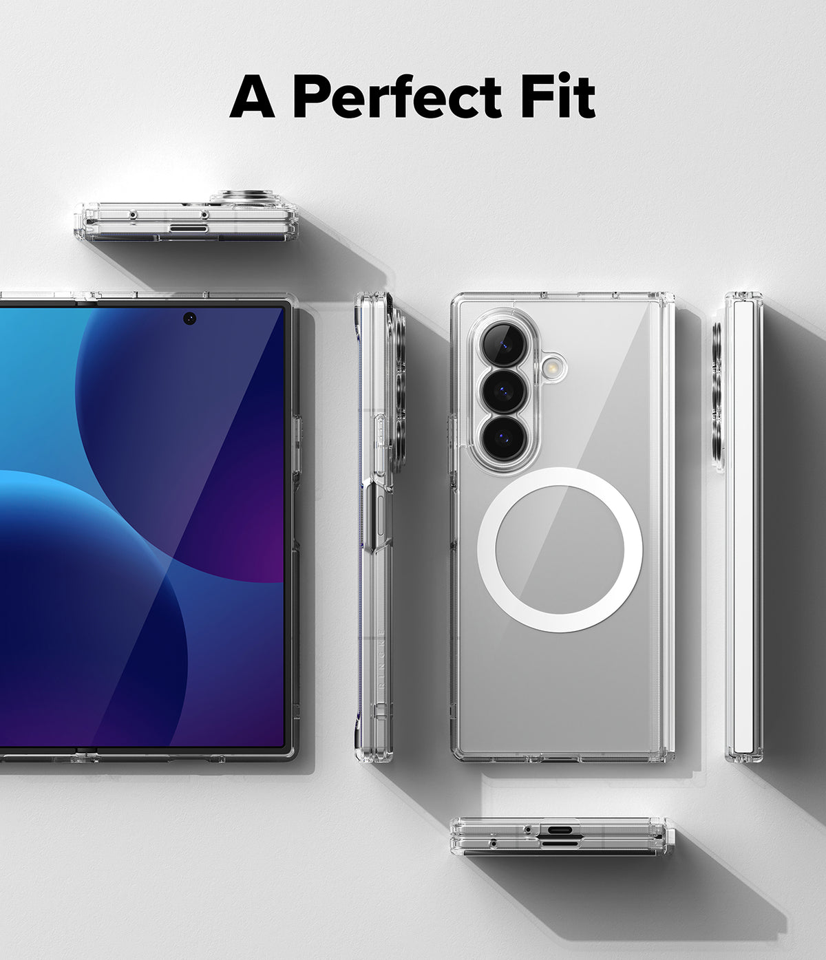 Galaxy Z Fold 8 Ultra Case | Fusion Flap Magnetic - Transparent protective phone case shown on a smartphone from multiple angles, including front, side, and back views, with a white circular MagSafe ring on the back. The text 'A Perfect Fit' appears at the top on a light gray background.