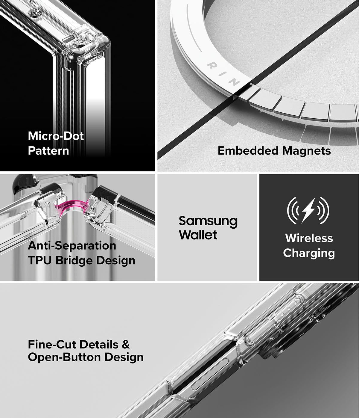 Galaxy Z Fold 8 Ultra Case | Fusion Flap Magnetic - A 4-panel feature collage for a slim metallic phone case. The panels highlight the case's micro-dot pattern, embedded magnets, anti-separation TPU bridge design, and fine-cut details, with text callouts including 'Samsung Wallet' and 'Wireless Charging'.