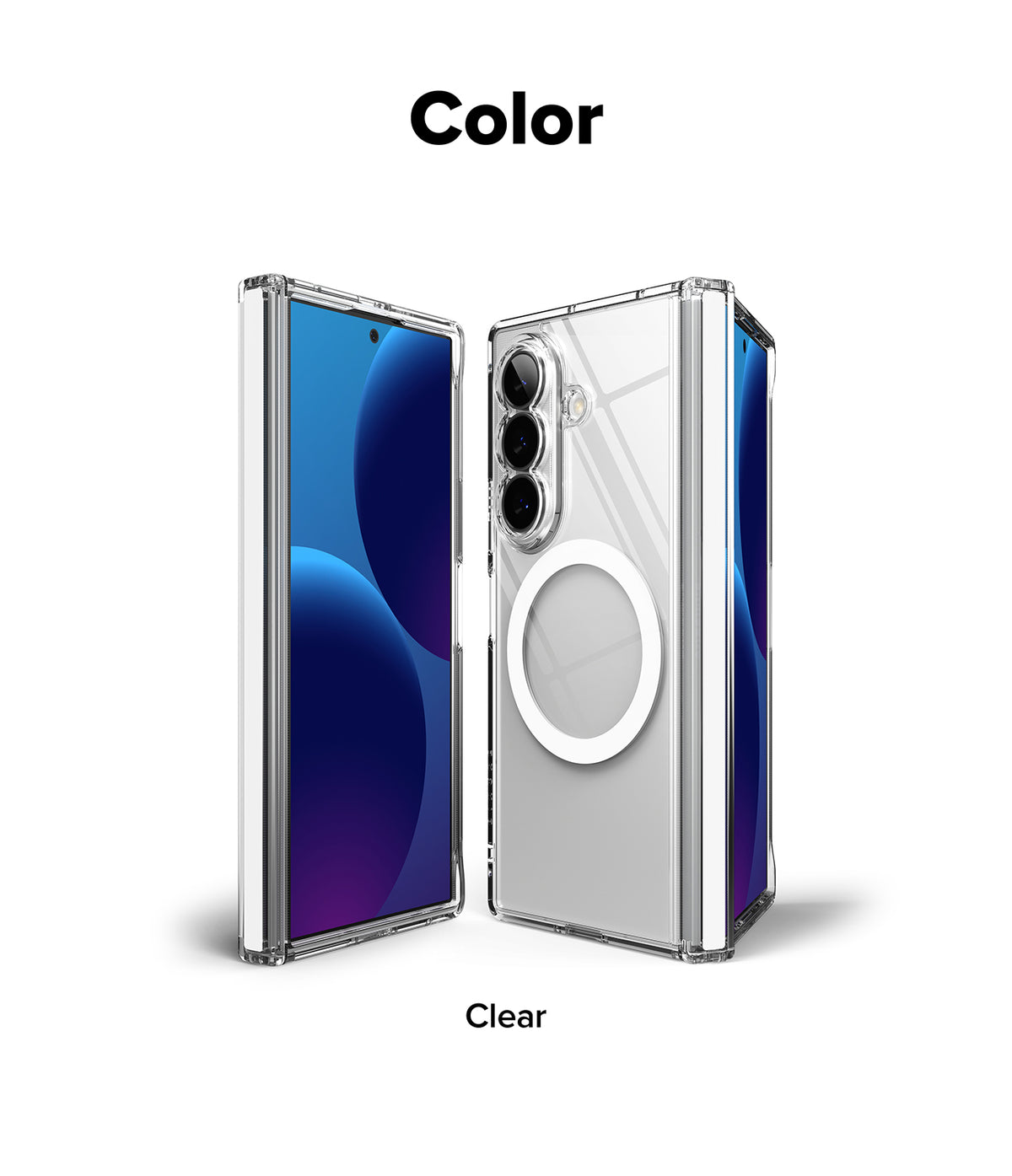 Galaxy Z Fold 8 Ultra Case | Fusion Flap Magnetic - A clear smartphone case shown on a phone from front and back views, with the text 'Color' at the top and 'Clear' at the bottom on a white background.