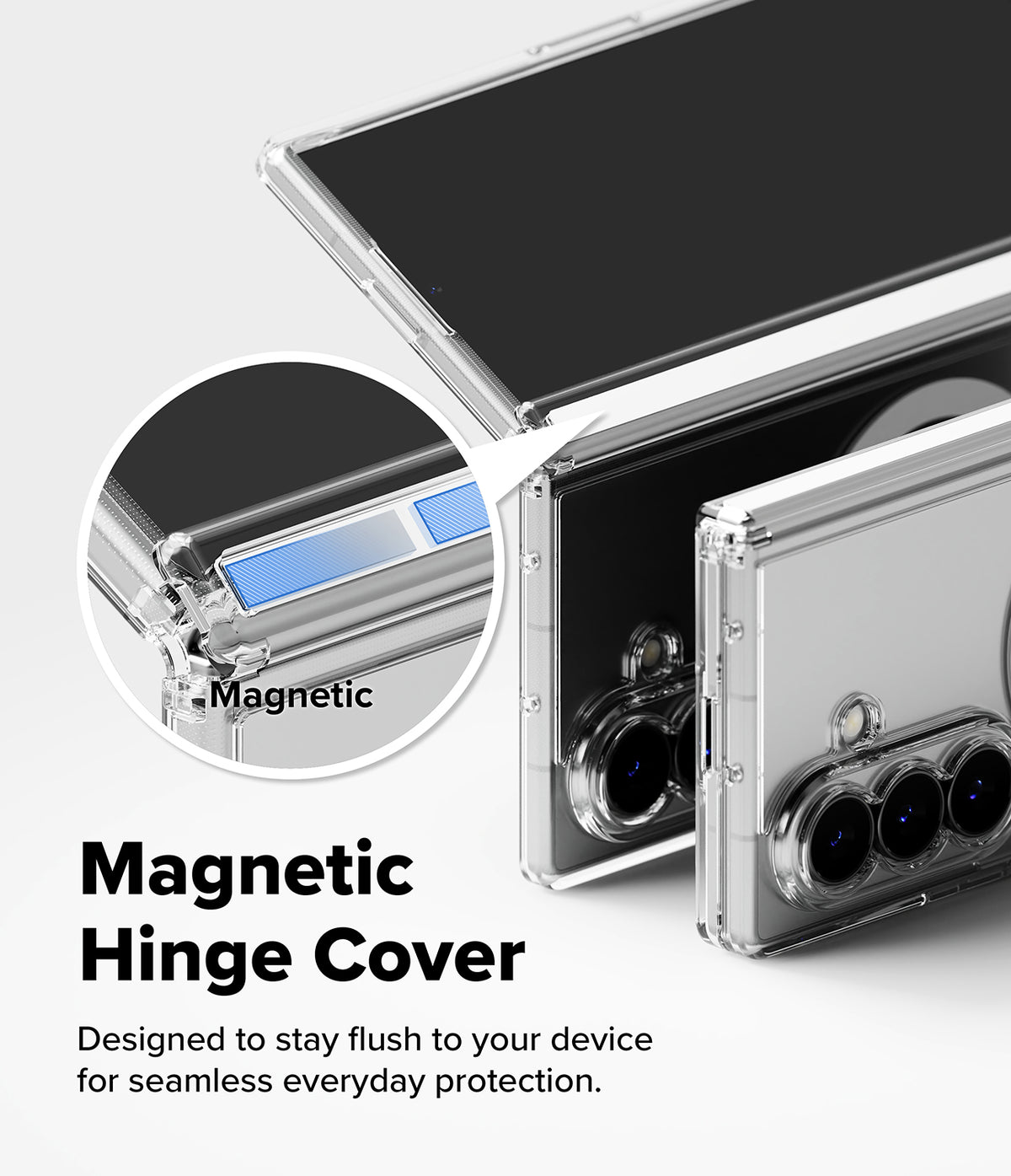 Galaxy Z Fold 8 Ultra Case | Fusion Flap Magnetic - Transparent magnetic hinge phone case shown on a smartphone, with a circular inset highlighting the magnetic strip and the text 'Magnetic Hinge Cover' on a light gray background.