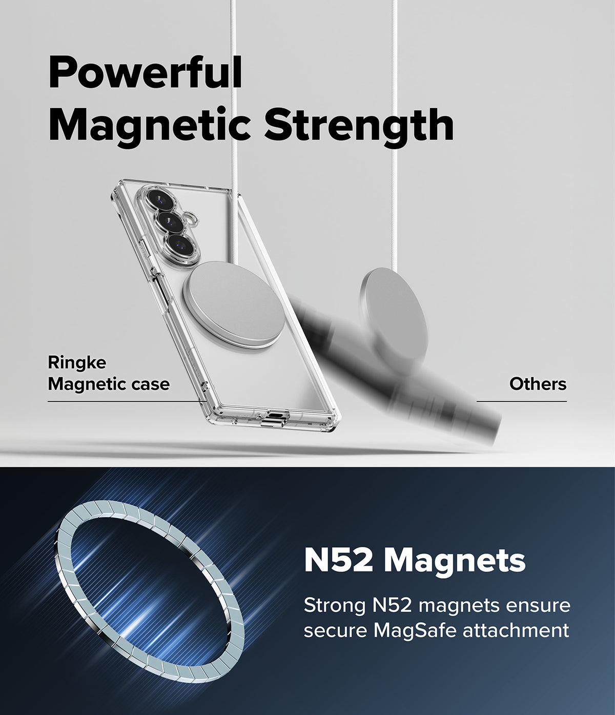 Galaxy Z Fold 8 Ultra Case | Fusion Flap Magnetic - Promotional graphic for a transparent magnetic phone case with a circular MagSafe ring. The top half shows the case floating with a magnetic ring attached under the text 'Powerful Magnetic Strength,' with a blurred comparison of another case labeled 'Others.
