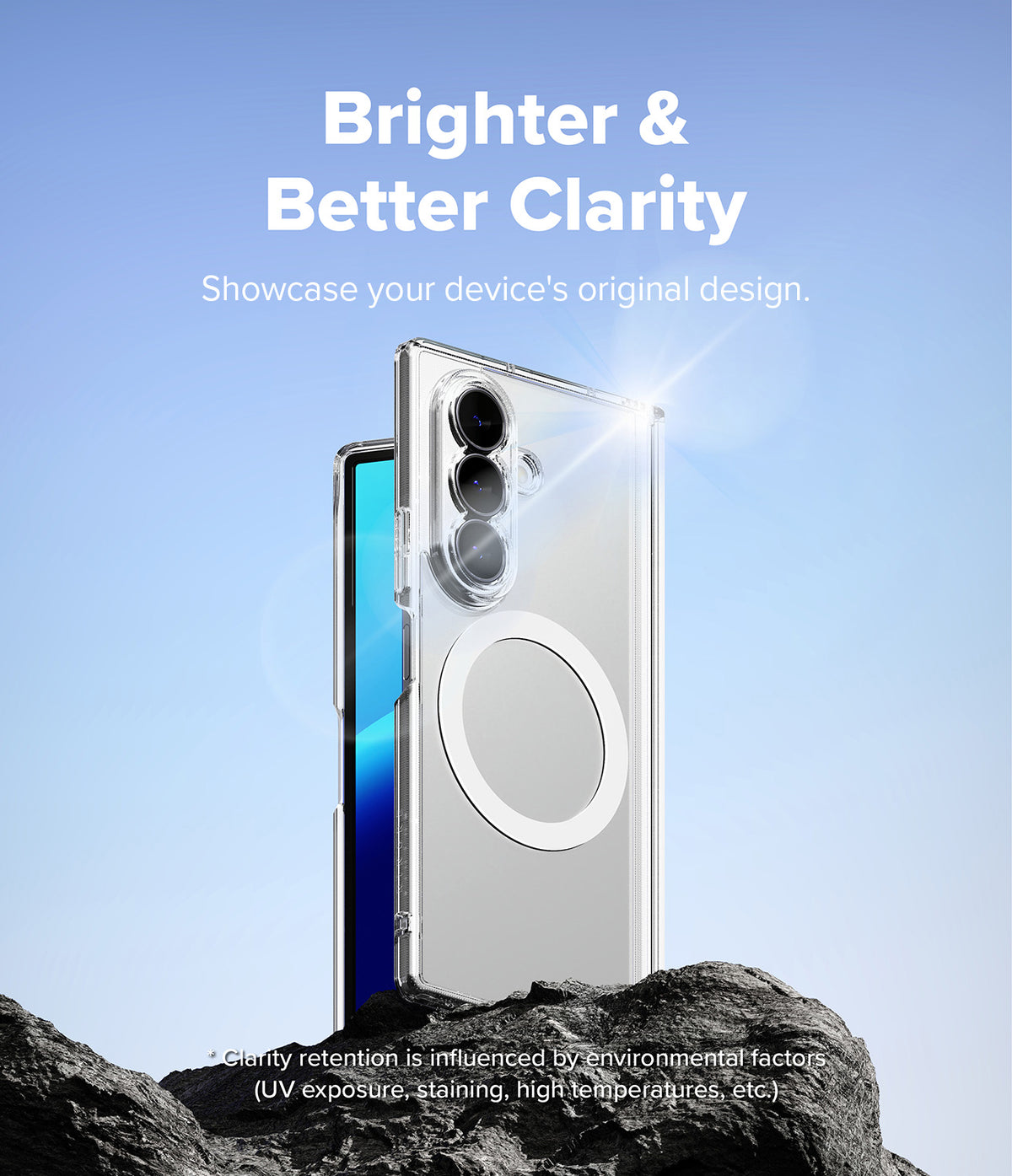 Galaxy Z Fold 8 Ultra Case | Fusion Flap Magnetic - A clear MagSafe-compatible phone case shown on a smartphone, standing upright on dark rocks against a blue sky background. White text at the top reads 'Brighter & Better Clarity' with smaller supporting text below.