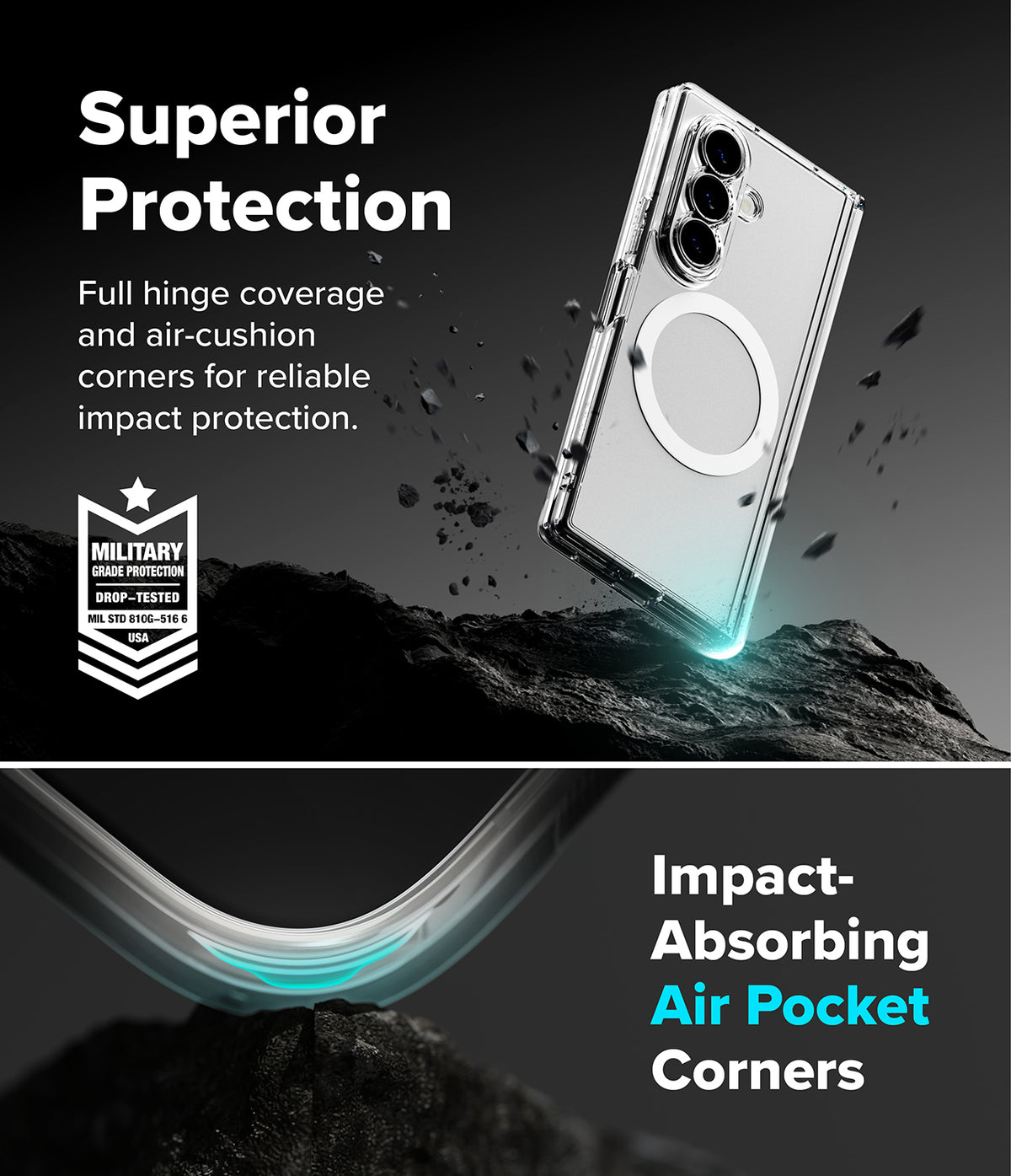 Galaxy Z Fold 8 Ultra Case | Fusion Flap Magnetic - A clear protective phone case shown floating above dark rocks in a dramatic promotional graphic. The case has a circular MagSafe-style ring on the back and is labeled with text such as 'Superior Protection' and 'Impact-Absorbing Air Pocket Corners.