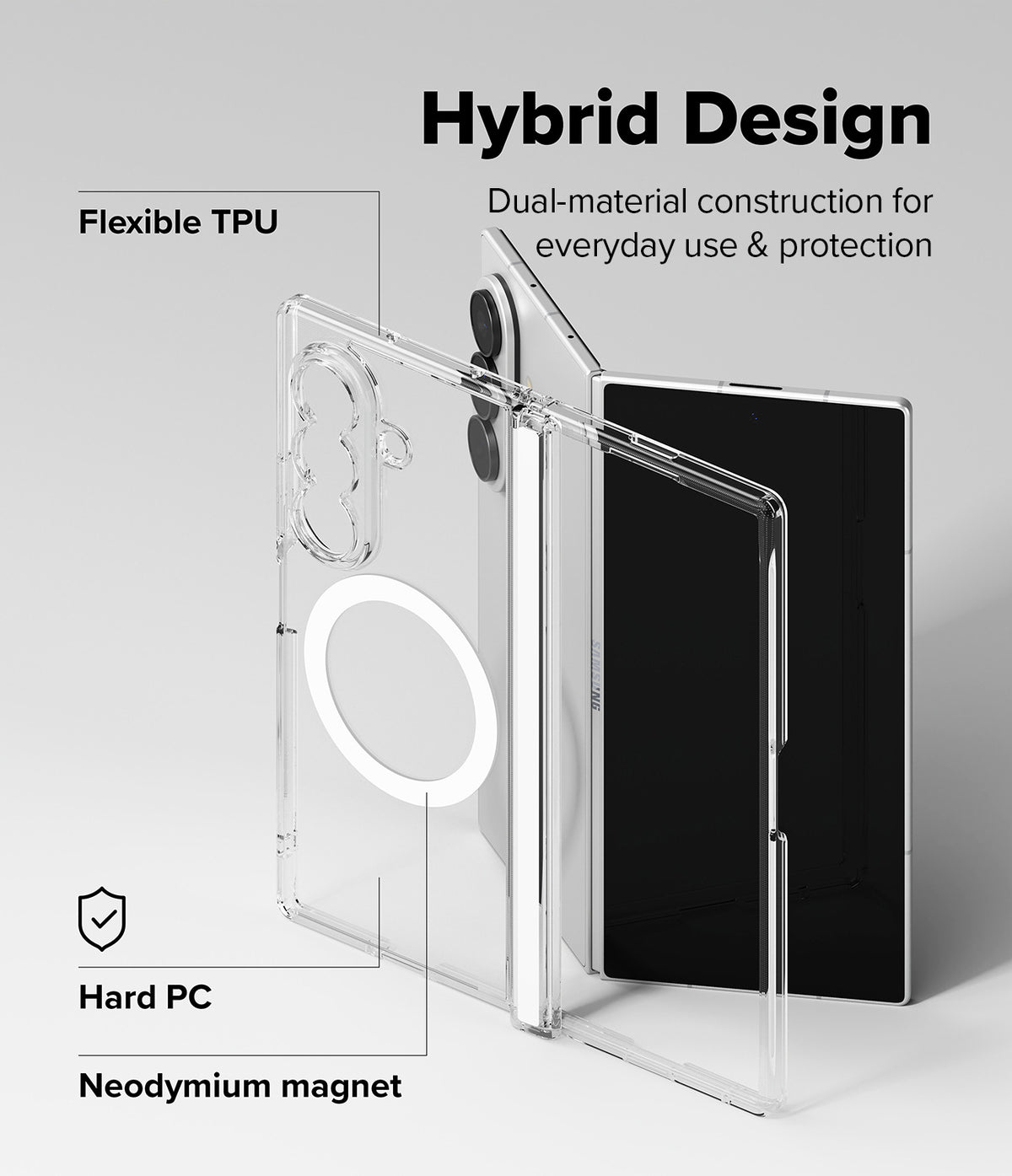 Galaxy Z Fold 8 Ultra Case | Fusion Flap Magnetic - Transparent phone case with a built-in circular magnetic ring and hard PC bumper, shown with a smartphone inside on a light gray background. Text labels highlight 'Hybrid Design', 'Flexible TPU', 'Hard PC', and 'Neodymium magnet'.