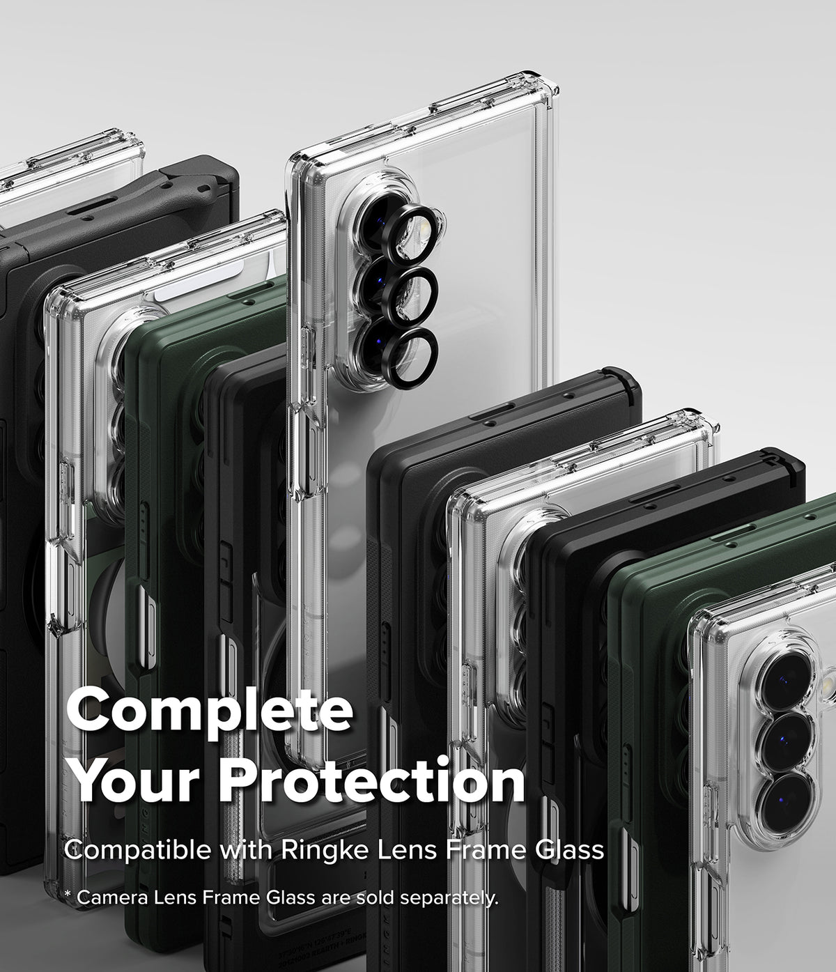 Galaxy Z Fold 8 Ultra Case | Fusion Magnetic - A promotional product shot showing multiple smartphone cases arranged in a fan-like layout on a light gray background. The cases appear transparent, black, and dark green, with large camera cutouts visible on the phone backs.