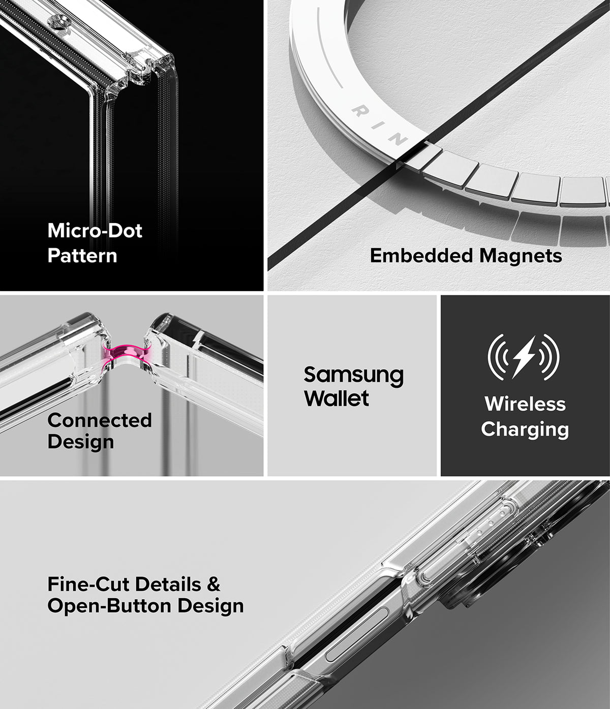 Galaxy Z Fold 8 Ultra Case | Fusion Magnetic - A 5-panel feature collage showcasing a clear protective phone case with text labels including 'Micro-Dot Pattern', 'Embedded Magnets', 'Connected Design', 'Samsung Wallet', 'Wireless Charging', and 'Fine-Cut Details & Open-Button Design'.