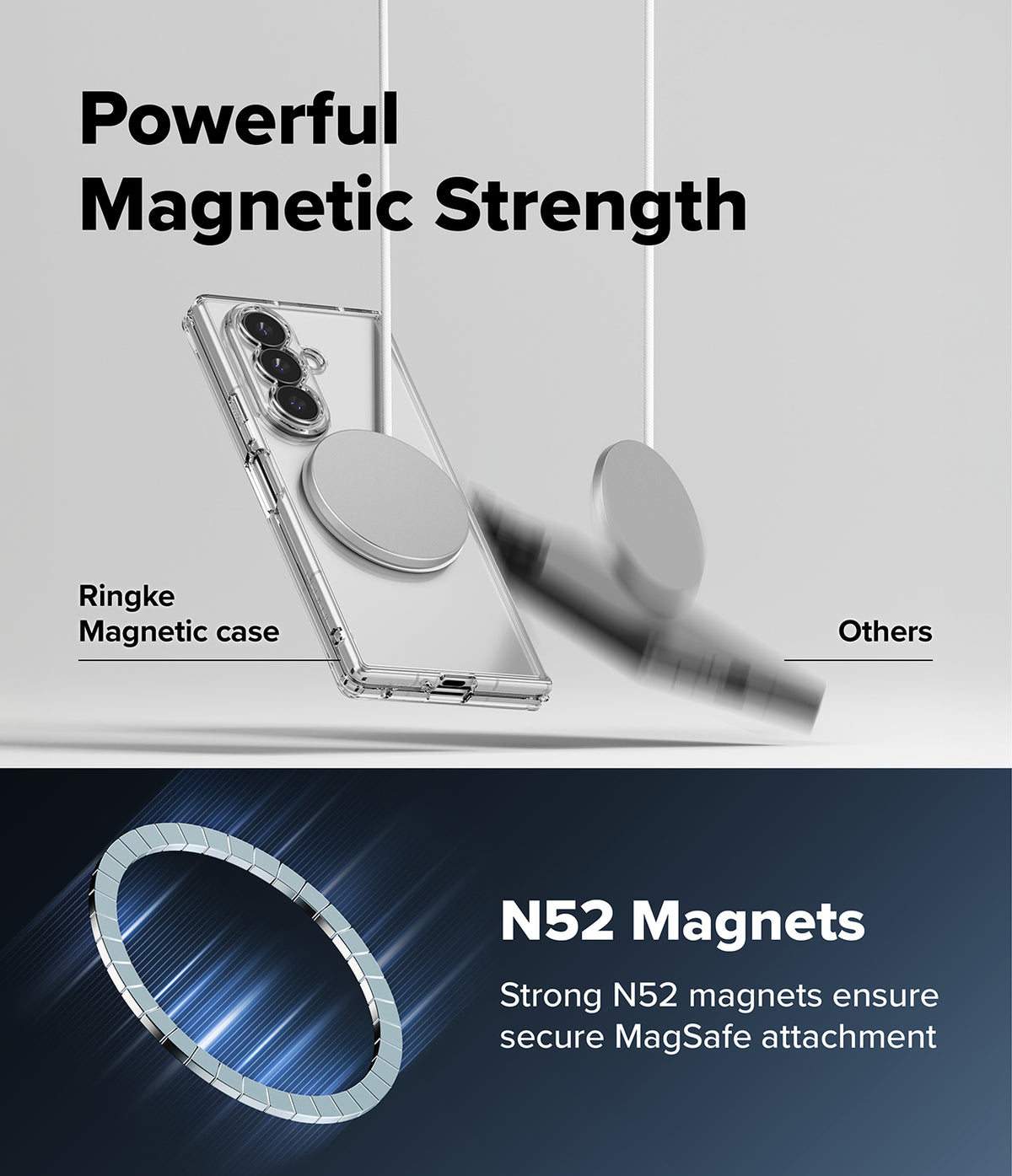 Galaxy Z Fold 8 Ultra Case | Fusion Magnetic - Promotional graphic for a transparent magnetic phone case with a circular MagSafe ring. The top half shows the case on a phone with a large MagSafe attachment and text reading 'Powerful Magnetic Strength' and 'Ringke Magnetic case' versus generic 'Others'.