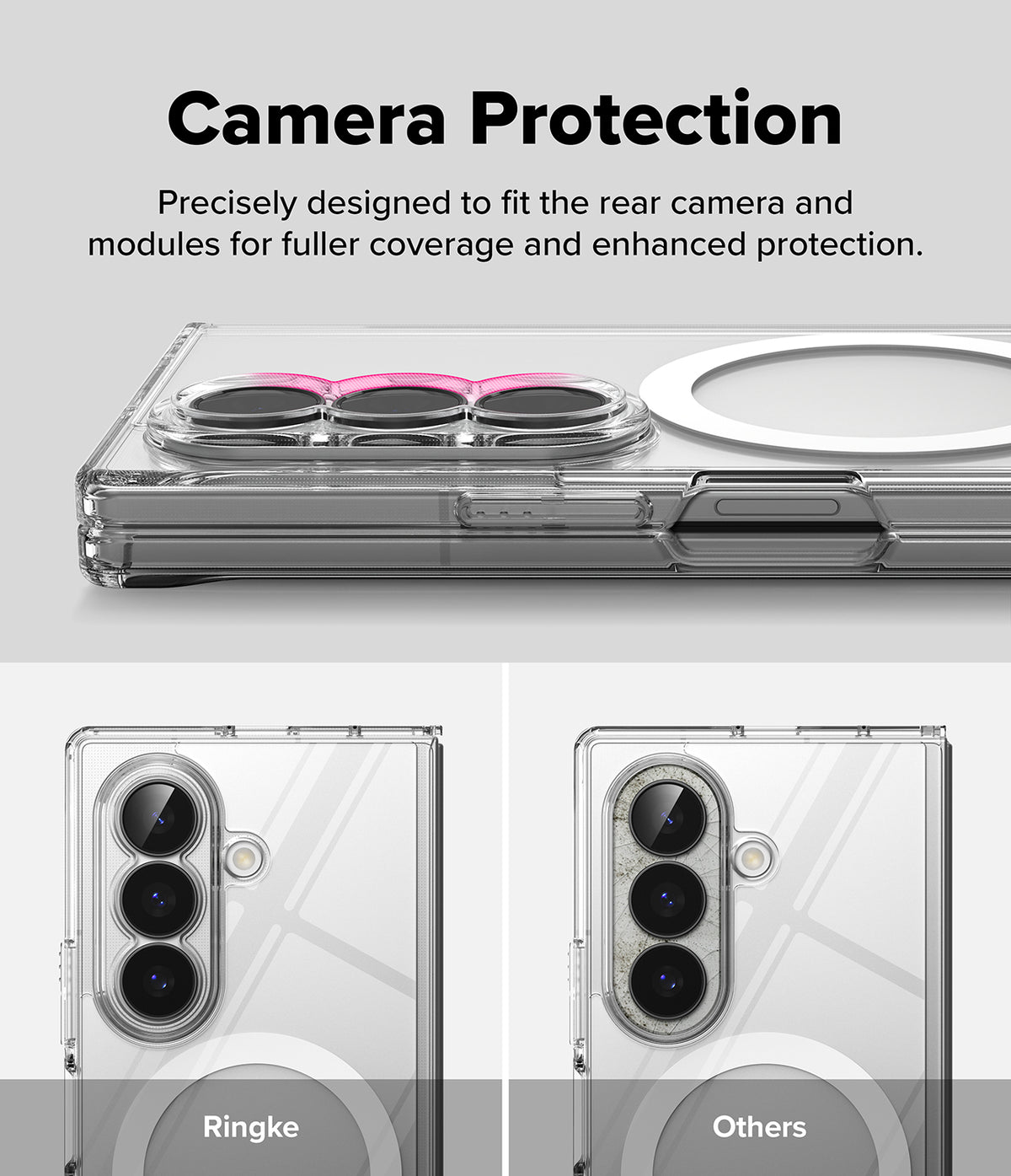 Galaxy Z Fold 8 Ultra Case | Fusion Magnetic - Clear phone case with a circular MagSafe ring and three raised camera cutouts, shown with marketing text and comparison images labeled Ringke and Others.