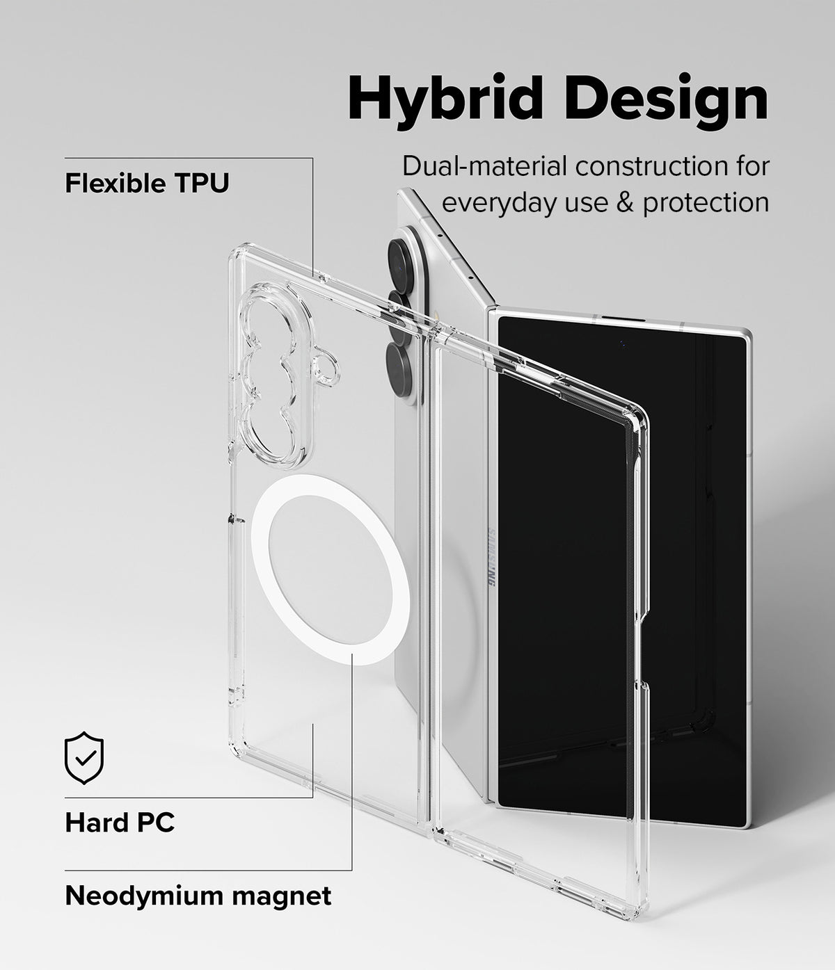 Galaxy Z Fold 8 Ultra Case | Fusion Magnetic - Clear hybrid phone case with a circular magnetic ring and a black phone inserted, shown on a light gray background with text labels reading 'Hybrid Design,' 'Flexible TPU,' 'Hard PC,' and 'Neodymium magnet.'.
