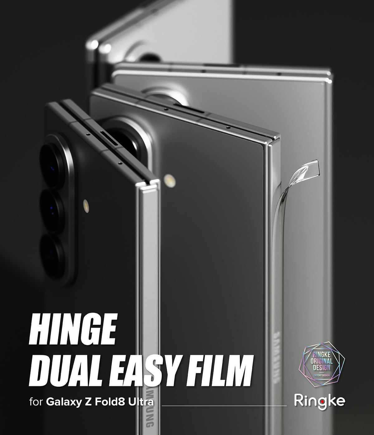 Galaxy Z Fold 8 Ultra Hinge Protector | Hinge Dual Easy Film (2 Pack) - Three dark gray Samsung Galaxy Z Fold8 Ultra foldable phones shown closed, with large text reading 'HINGE DUAL EASY FILM' and Ringke branding on a dark studio background.