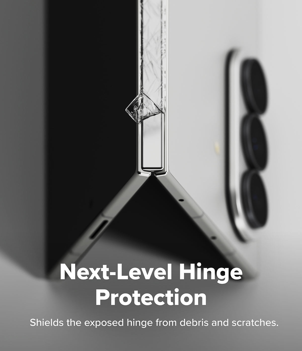 Galaxy Z Fold 8 Ultra Hinge Protector | Hinge Dual Easy Film (2 Pack) - Close-up of a silver smartphone hinge area with text reading 'Next-Level Hinge Protection' and smaller text below, showing a protective clear cover over the hinge.