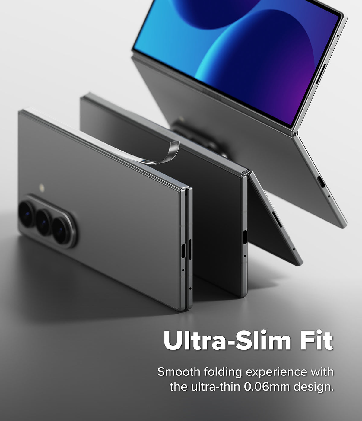 Galaxy Z Fold 8 Ultra Hinge Protector | Hinge Dual Easy Film (2 Pack) - Three views of a dark gray folding smartphone shown on a light gray background with the text 'Ultra-Slim Fit' and smaller descriptive copy at the bottom.